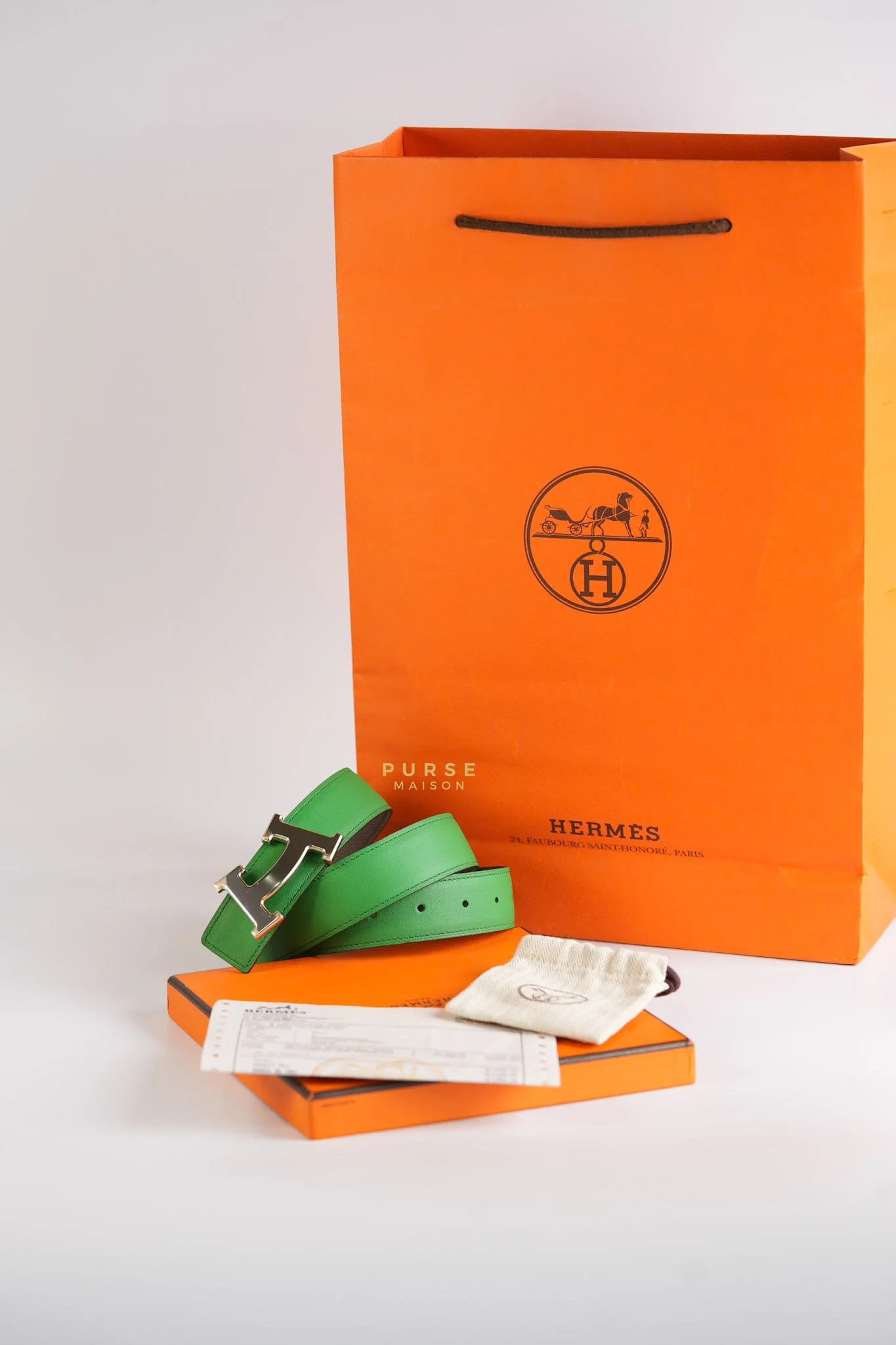 Hermes Constance Belt with Smile H Palladium Buckle & Reversible Leather Strap (Etoupe/Vert) (85) - Image 14