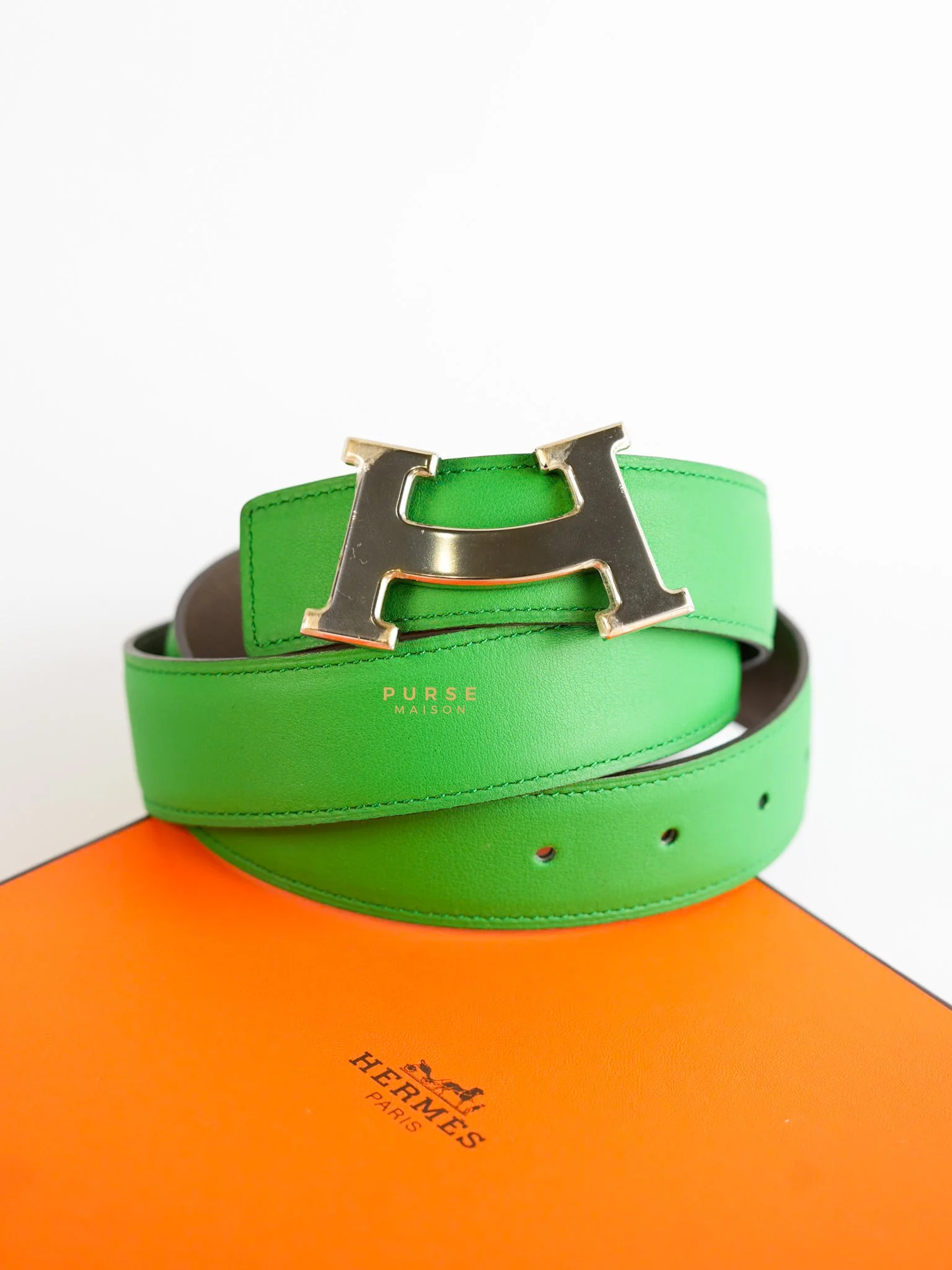 Hermes Constance Belt with Smile H Palladium Buckle & Reversible Leather Strap (Etoupe/Vert) (85) - Image 3