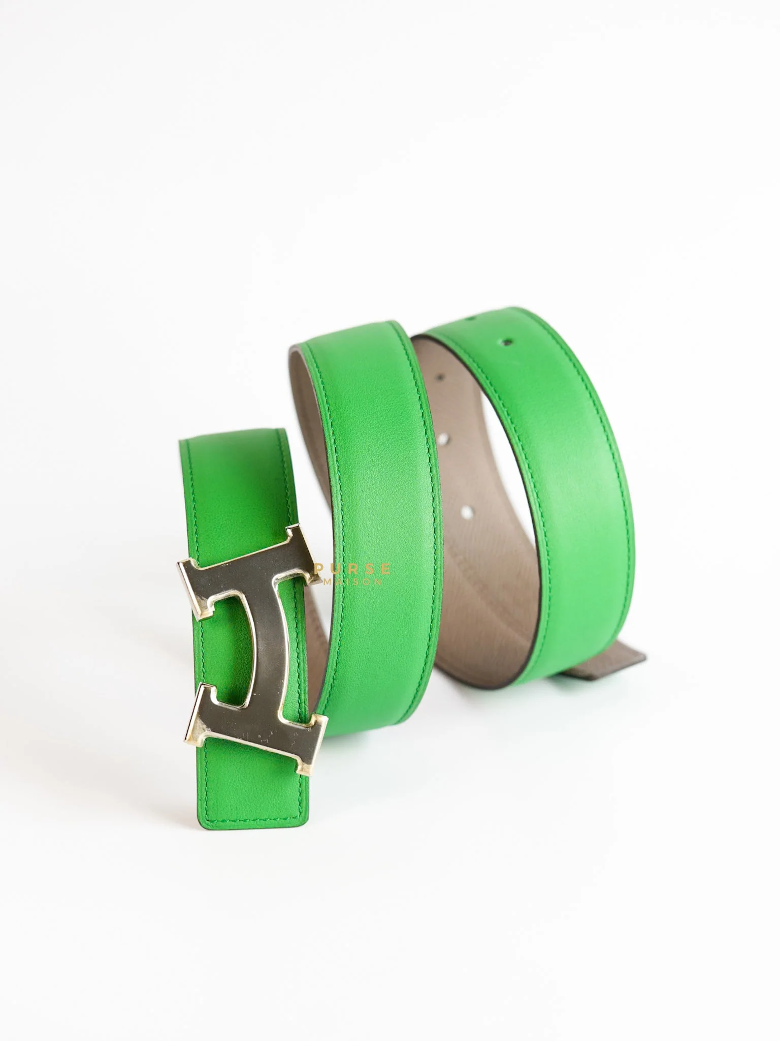 Hermes Constance Belt with Smile H Palladium Buckle & Reversible Leather Strap (Etoupe/Vert) (85) - Image 4