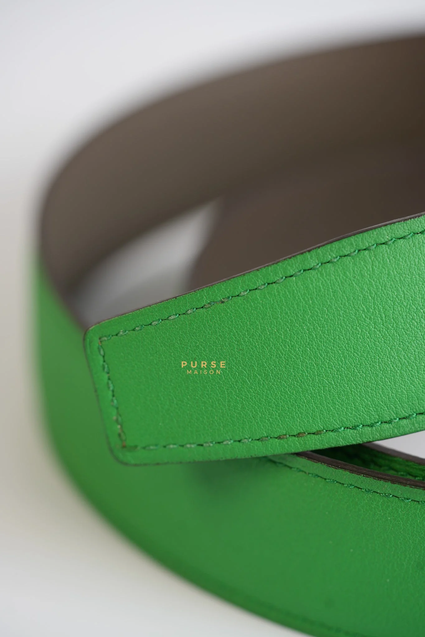 Hermes Constance Belt with Smile H Palladium Buckle & Reversible Leather Strap (Etoupe/Vert) (85) - Image 5