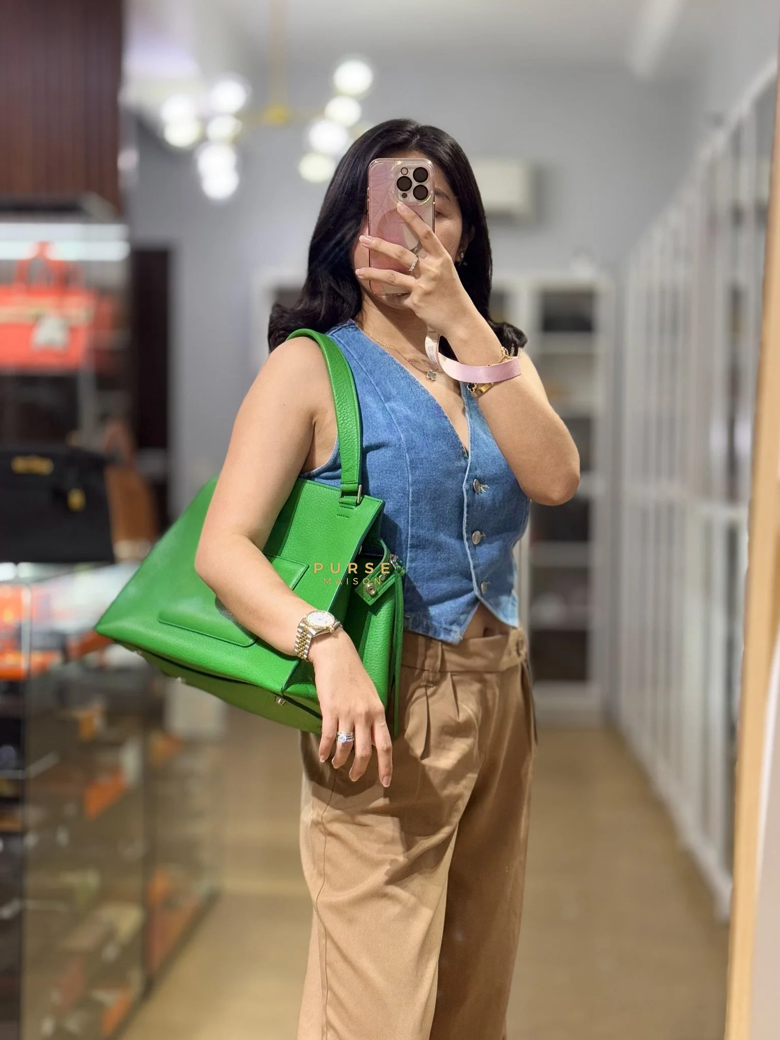 Celine Edge Medium Hand Bag in Green Leather - Image 37