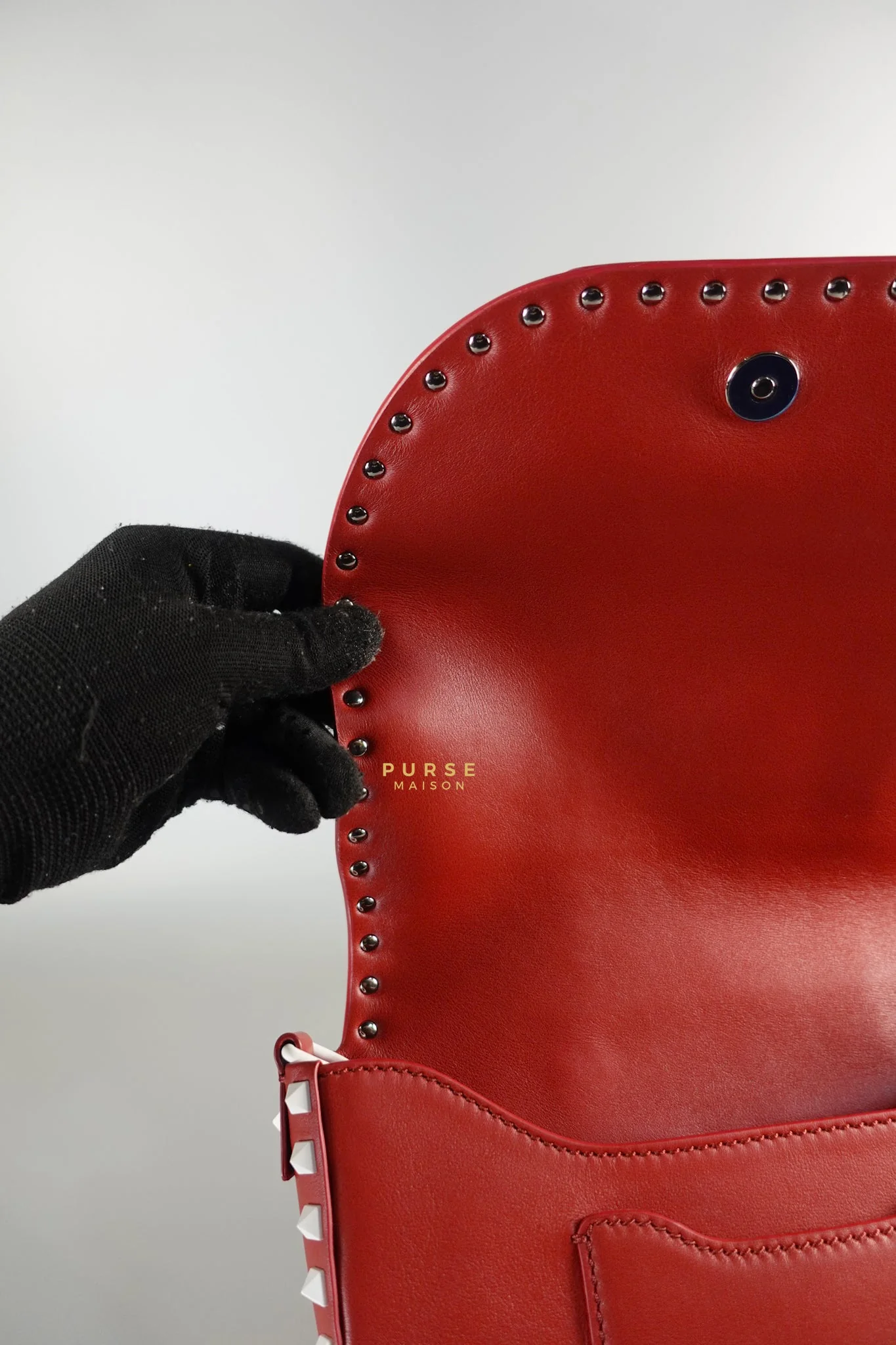 Valentino Rockstud Halfmoon Saddle in Red/White Vitello Colorblock Bag - Image 15