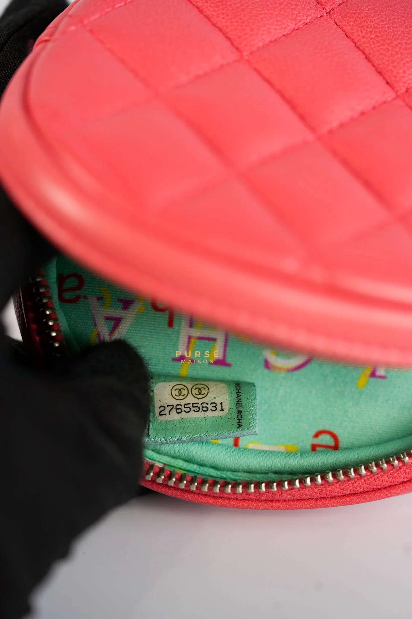 Chanel Round Coin Purse in Coral Lambskin Leather & Silver Hardware Series 27 - Image 17