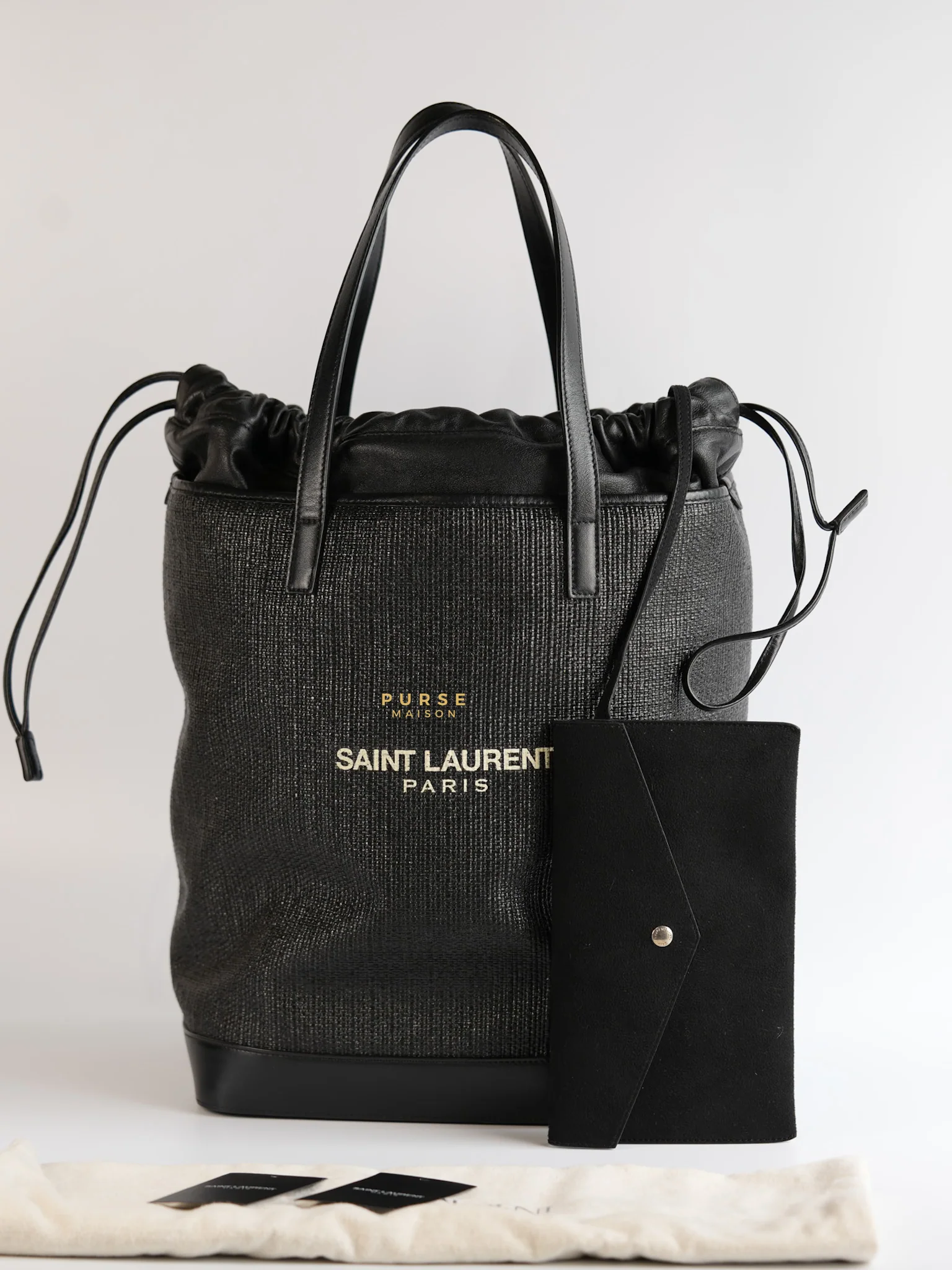 Yves Saint Laurent Black Raffia and Leather Teddy Drawstring Tote Bag - Image 30