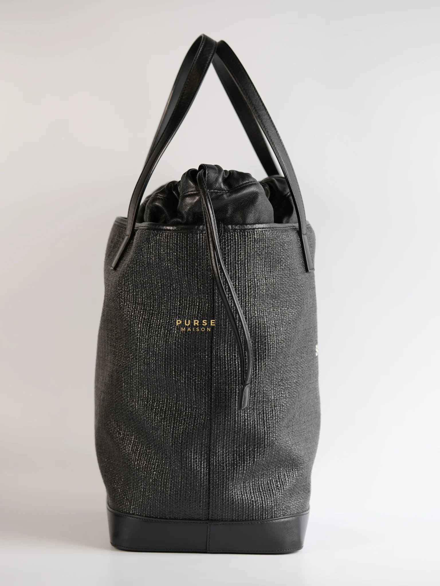 Yves Saint Laurent Black Raffia and Leather Teddy Drawstring Tote Bag - Image 6