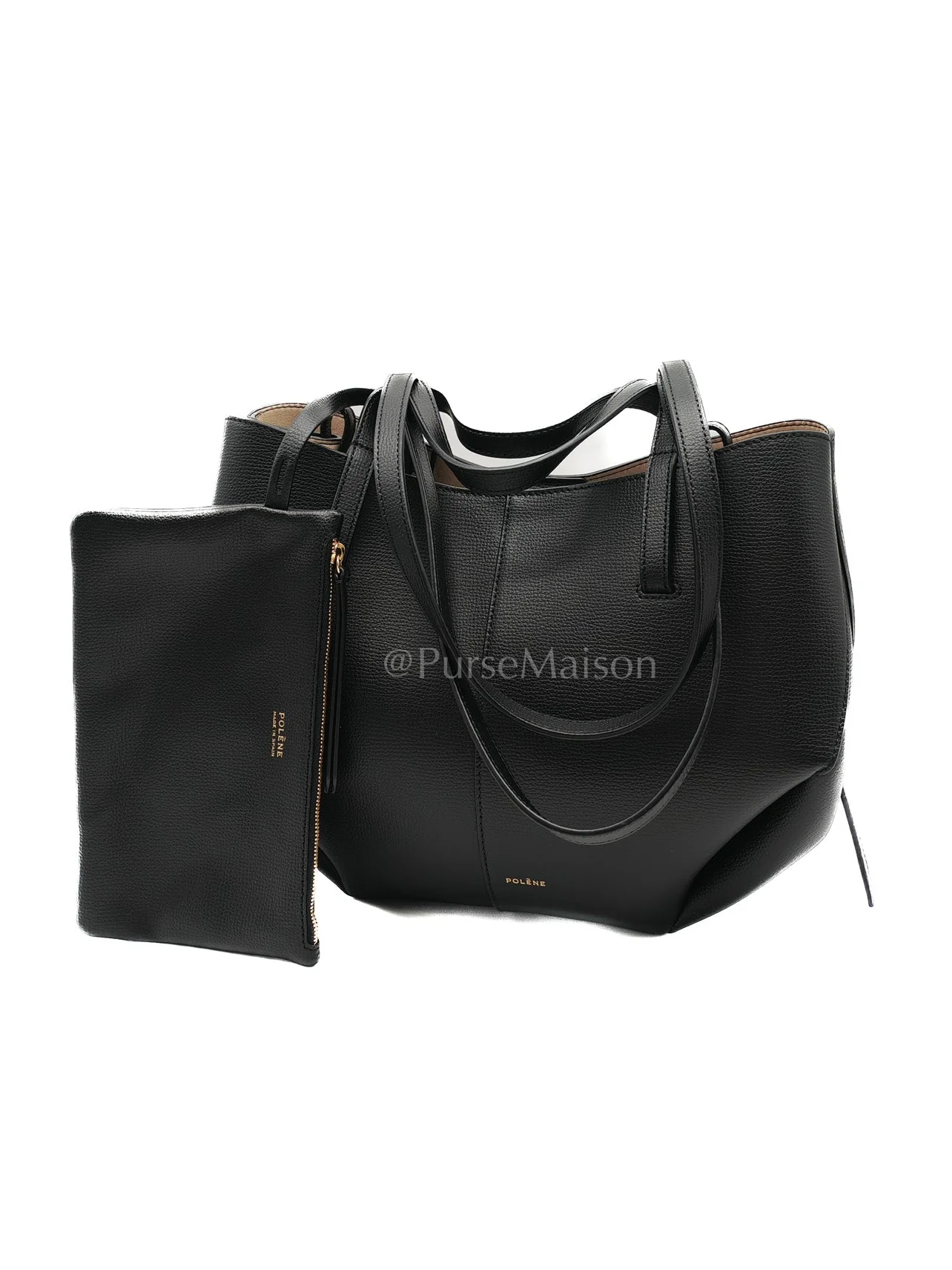 Polene Cyme Mini in Black Graine Leather and Black Stitiching Tote Bag - Image 3