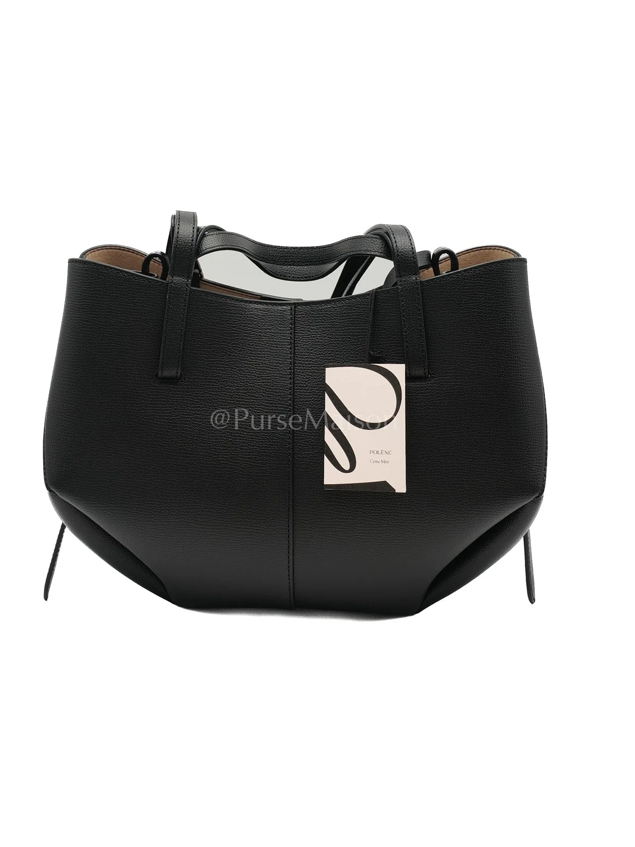 Polene Cyme Mini in Black Graine Leather and Black Stitiching Tote Bag - Image 4