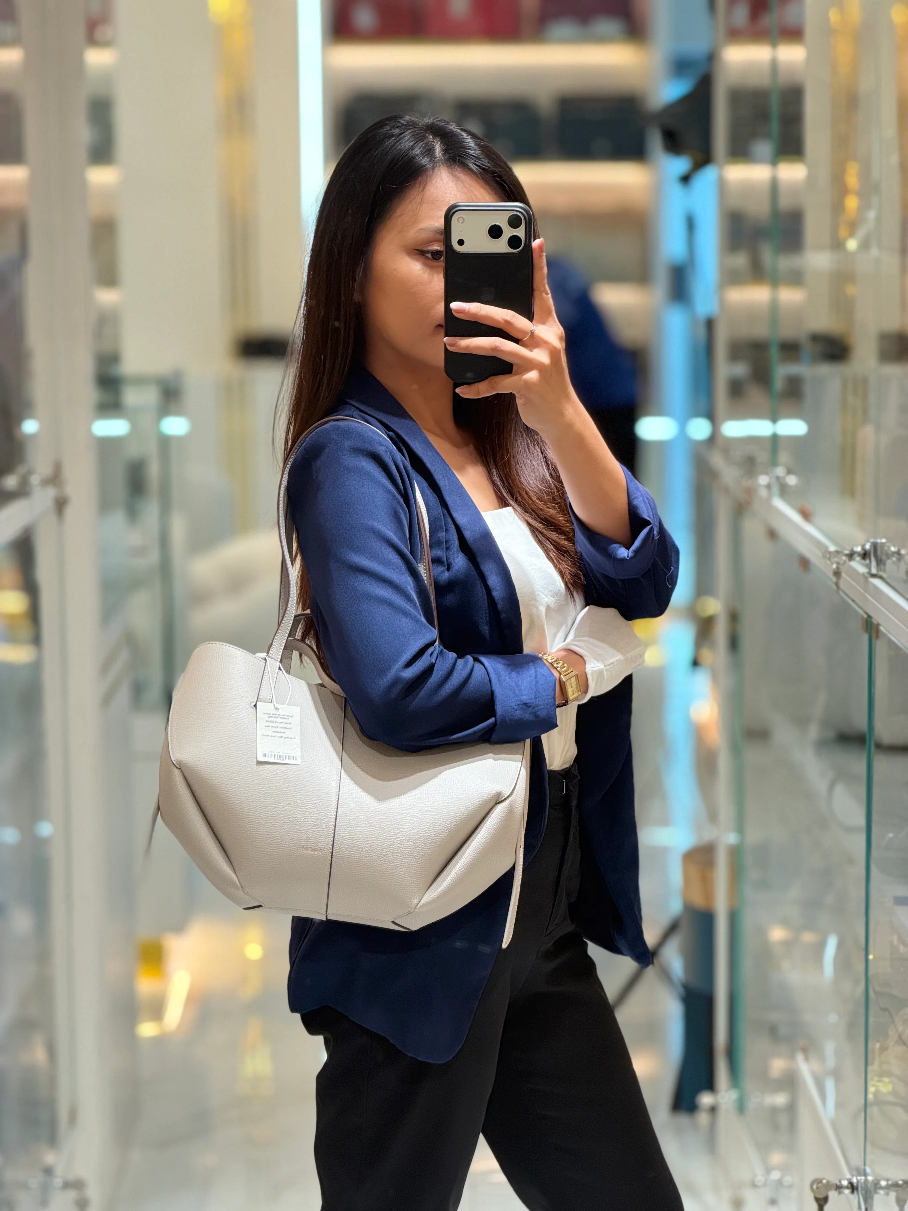 Polene Cyme Mini in Mist Graine Leather Tote Bag - Image 25
