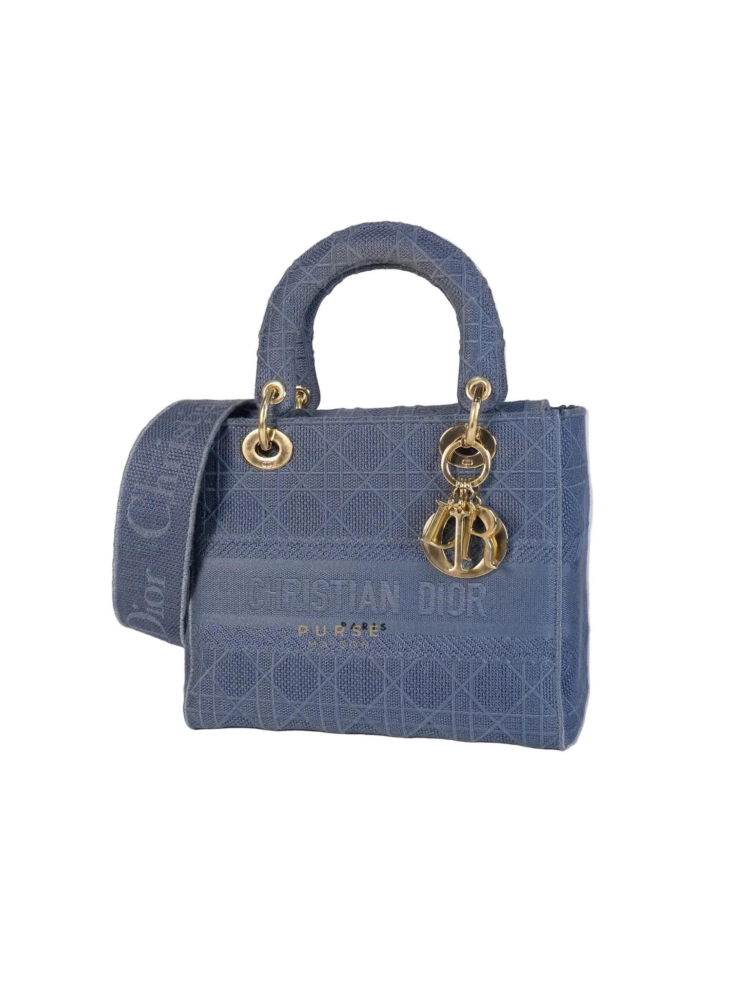 Christian Dior Lady Dior D-Lite Blue Medium Embroidered Cannage Quilt Canvas - Image 3