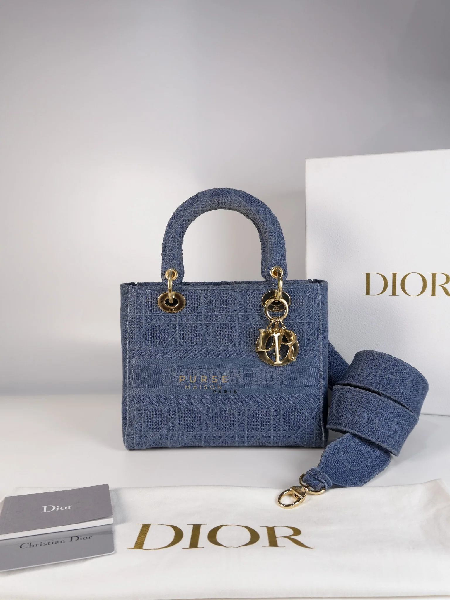 Christian Dior Lady Dior D-Lite Blue Medium Embroidered Cannage Quilt Canvas - Image 39