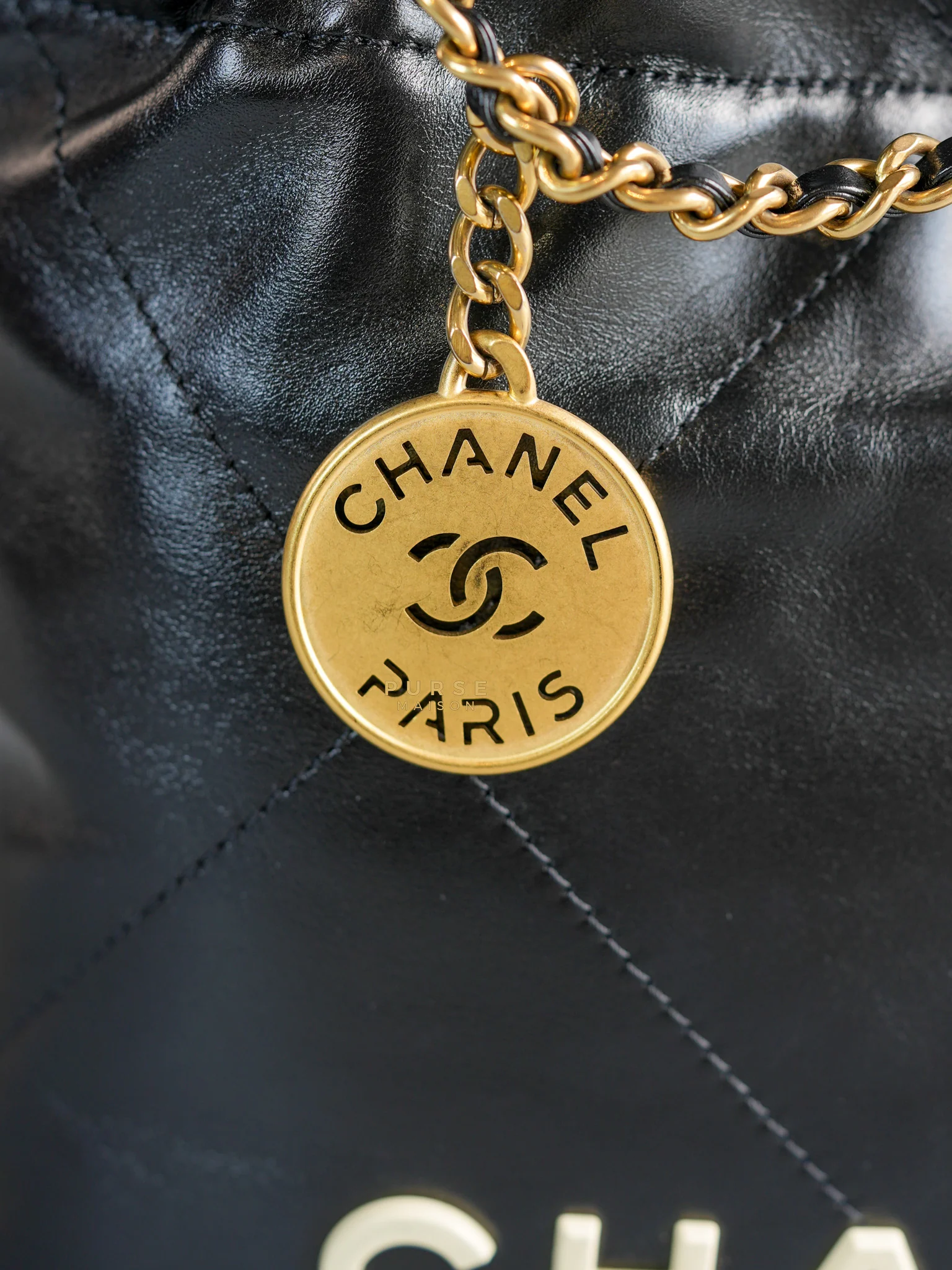 Chanel 22 Mini Black Calfskin Leather in Aged Gold Hardware (Microchip) - Image 15
