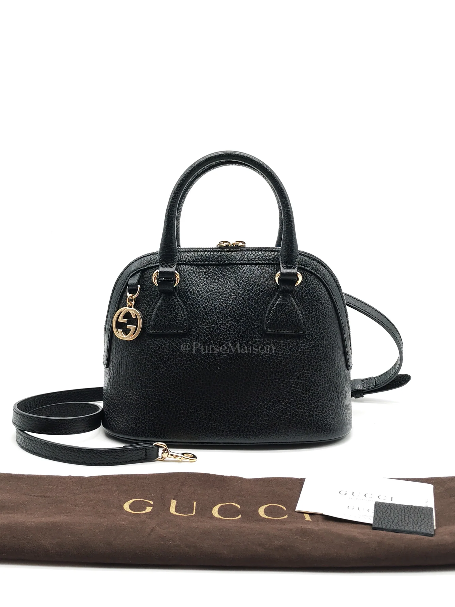 Gucci Dome Bag Small in Black GG Charm Satchel Pebbled Leather & Light Gold Hardware - Image 33