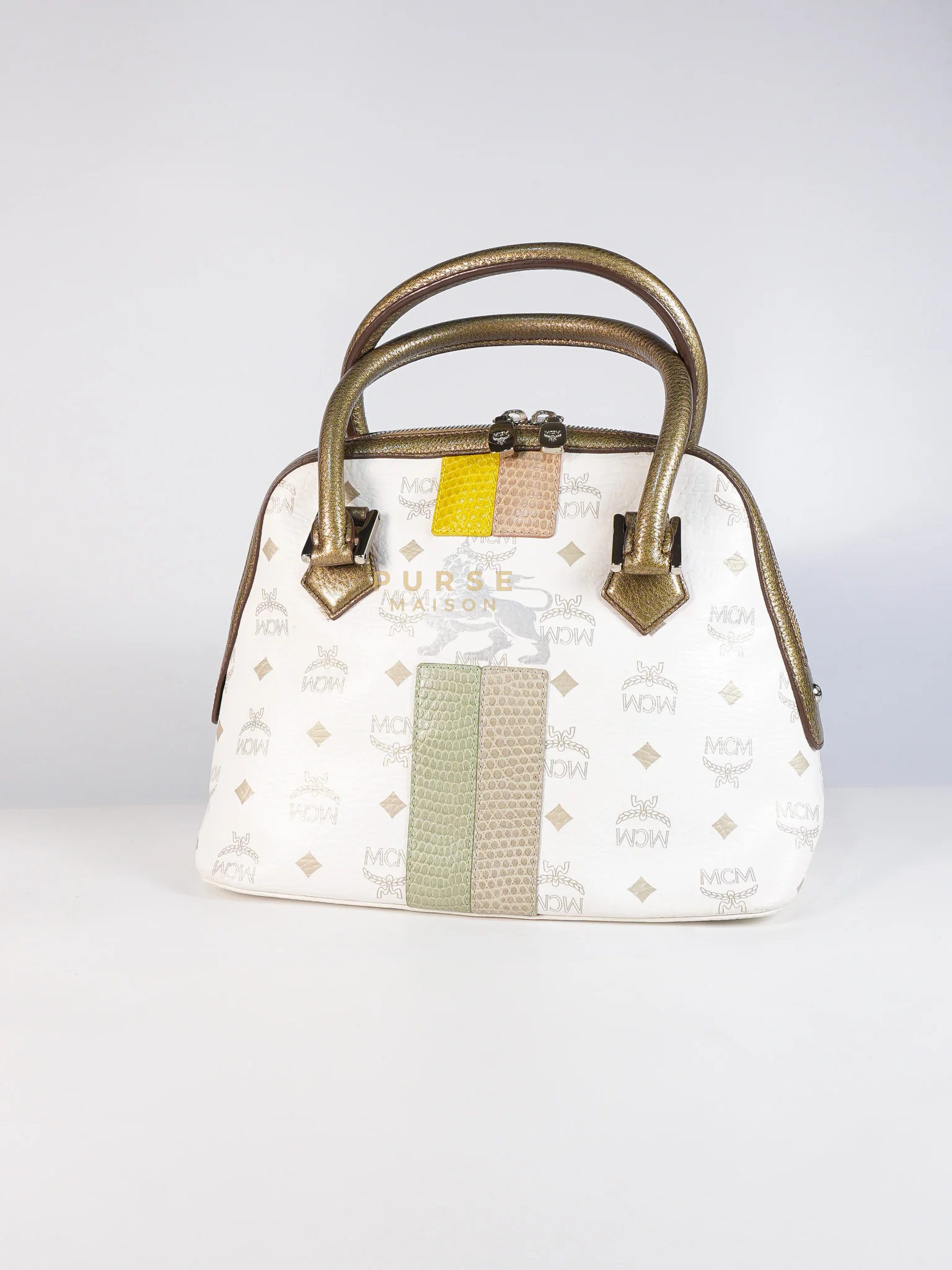 MCM Princess Lion Boston Bag in White Coated Canvas & Leather - Image 3