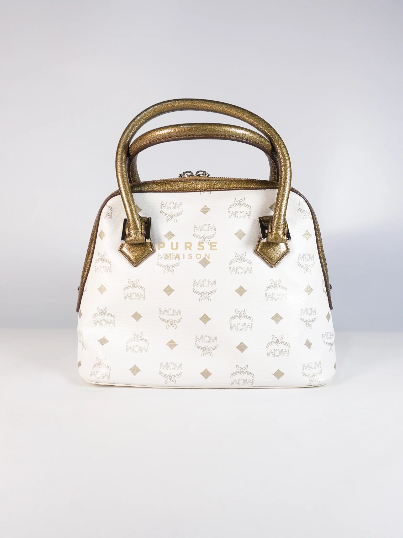 MCM Princess Lion Boston Bag in White Coated Canvas & Leather - Image 4