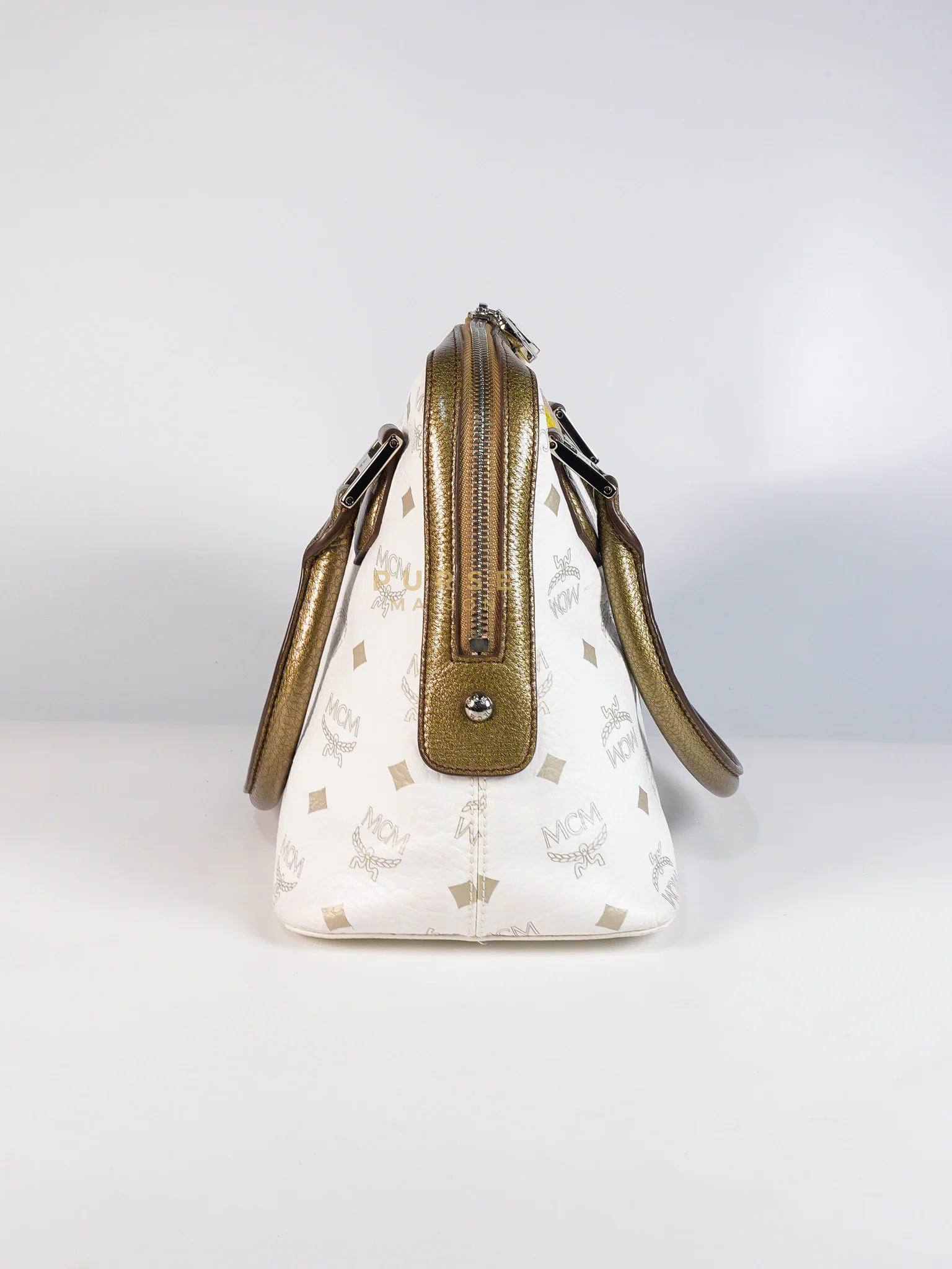 MCM Princess Lion Boston Bag in White Coated Canvas & Leather - Image 7