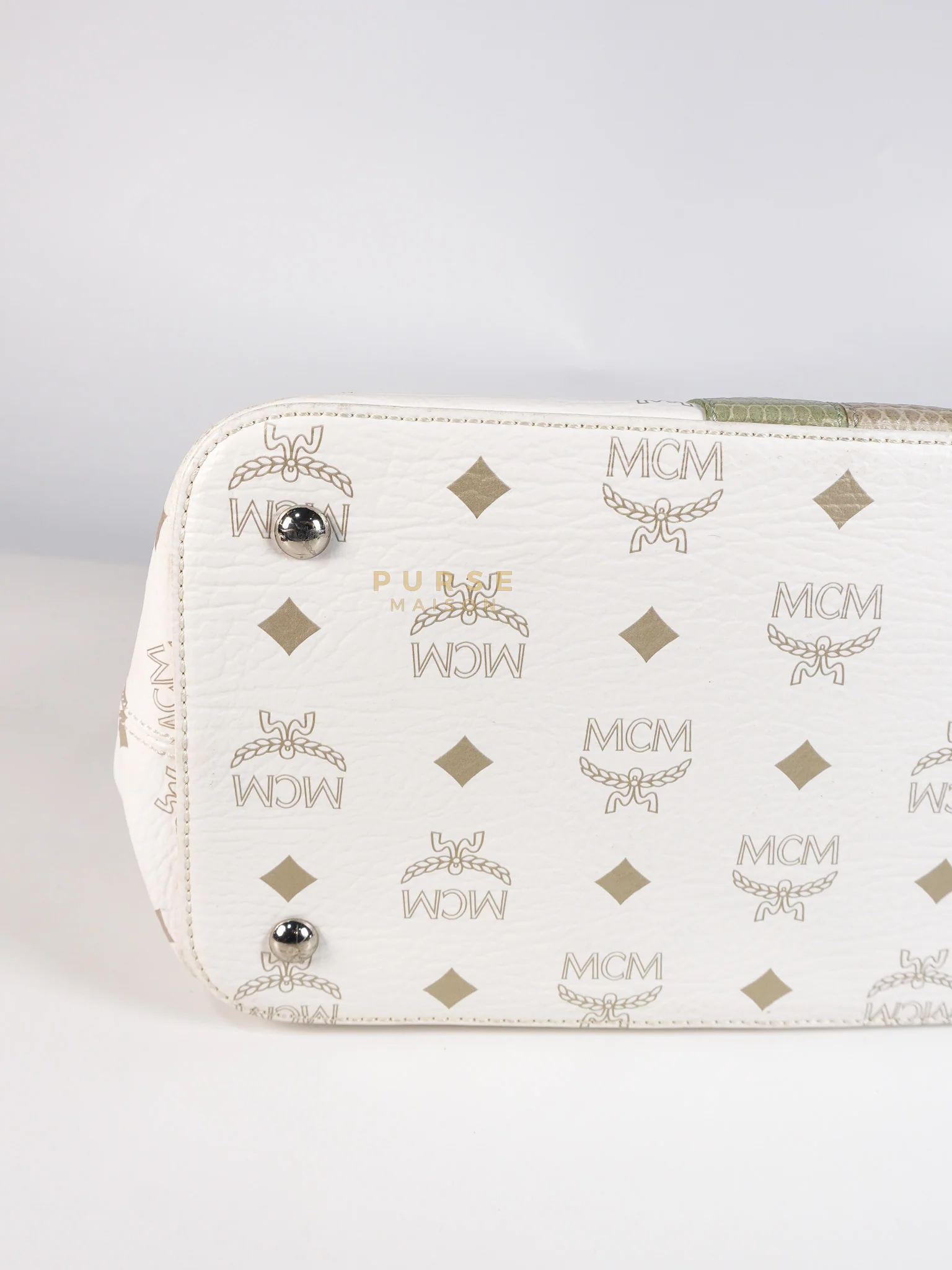 MCM Princess Lion Boston Bag in White Coated Canvas & Leather - Image 9