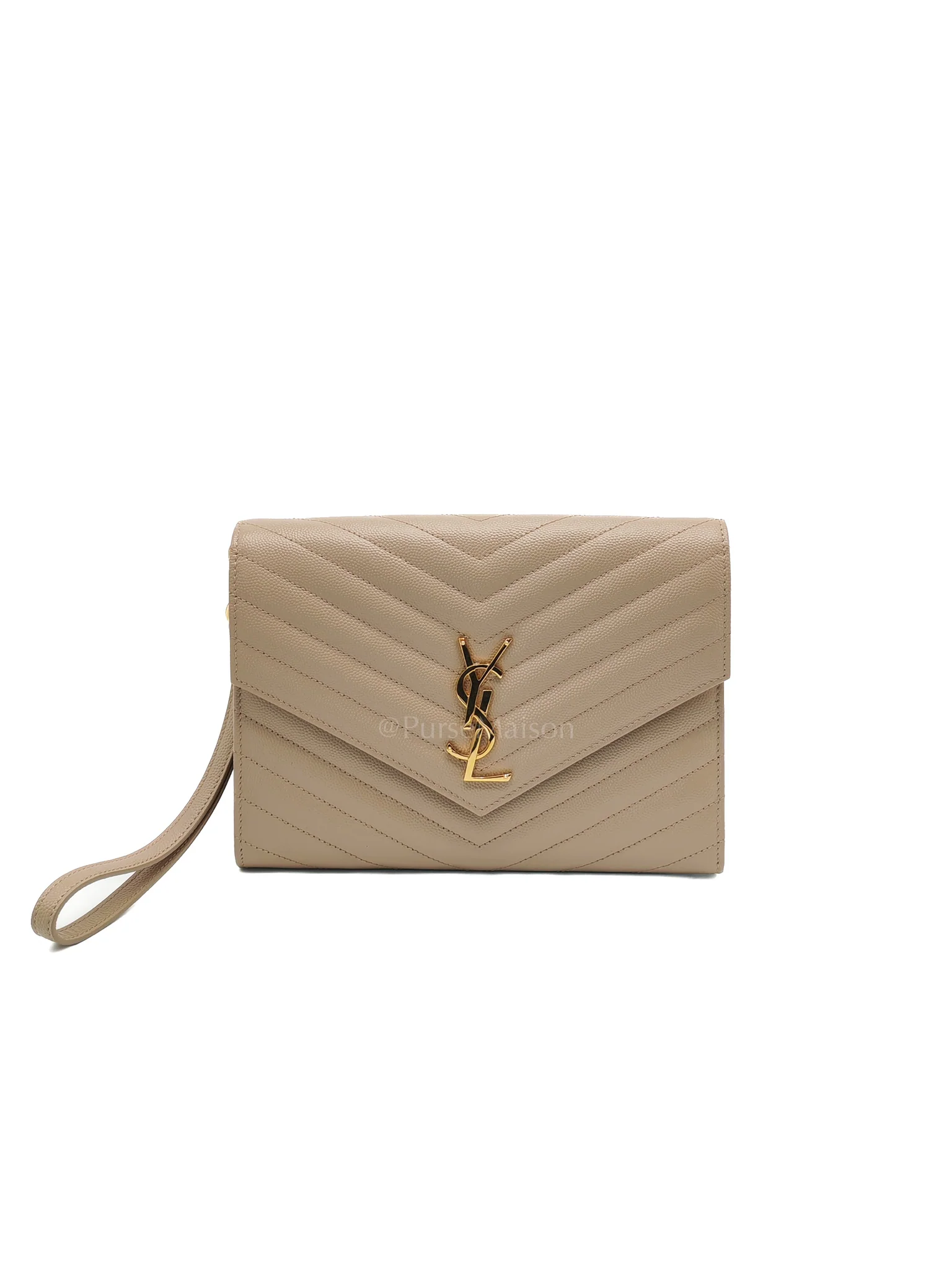 Yves Saint Laurent Envelope Clutch Bag in Beige Grain De Poudre Leather & Gold Hardware - Image 2
