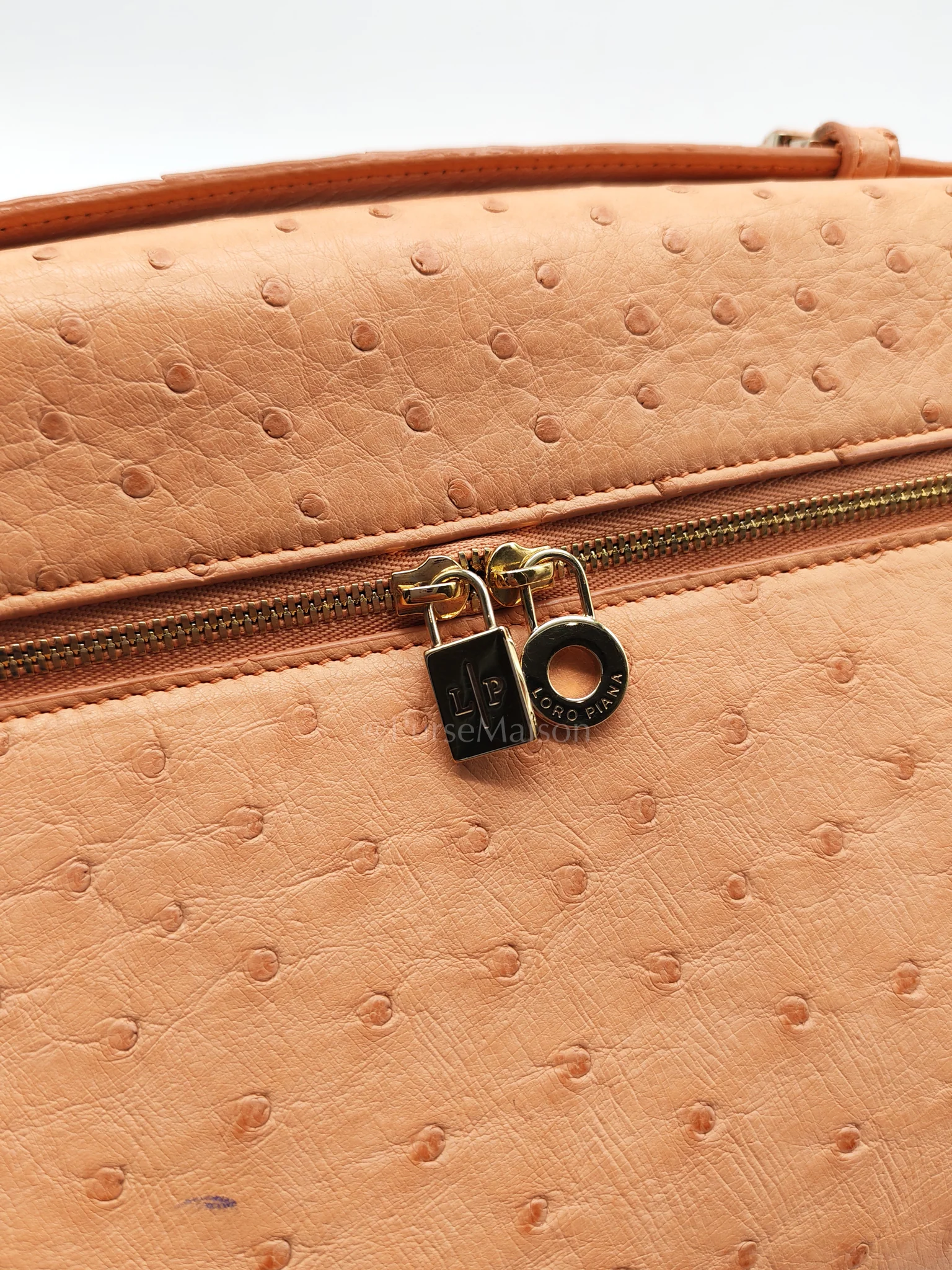 Loro Piana Extra Pocket L27 Pouch in Coral Pink Ostrich Leather & Gold Hardware - Image 17