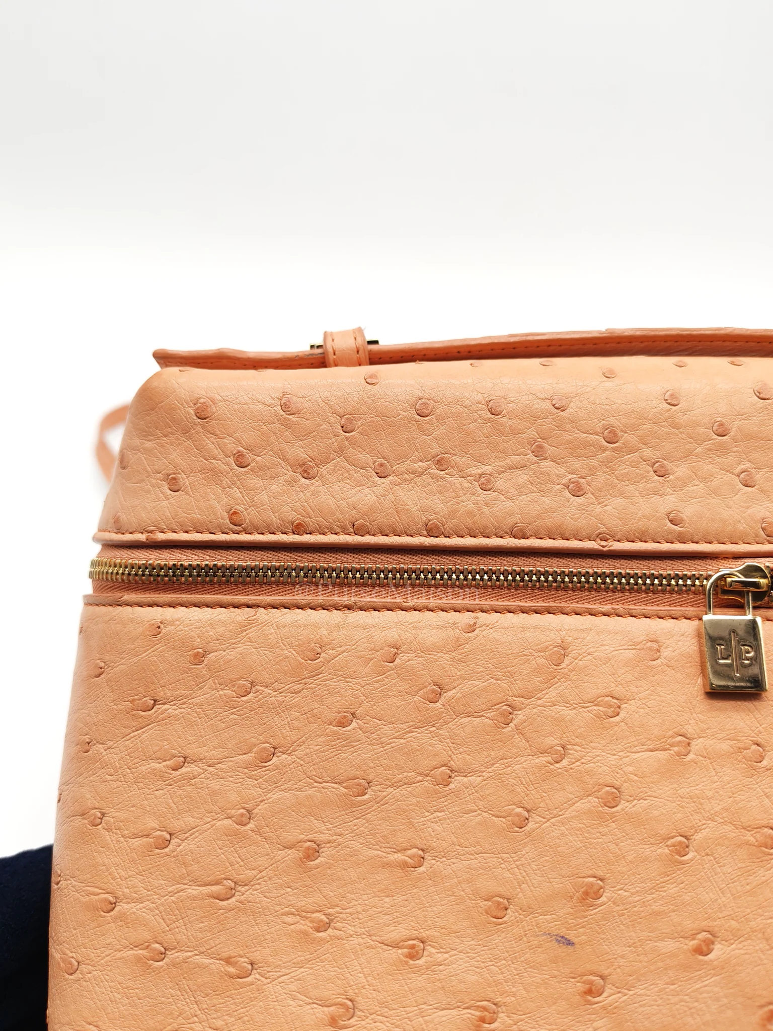 Loro Piana Extra Pocket L27 Pouch in Coral Pink Ostrich Leather & Gold Hardware - Image 20