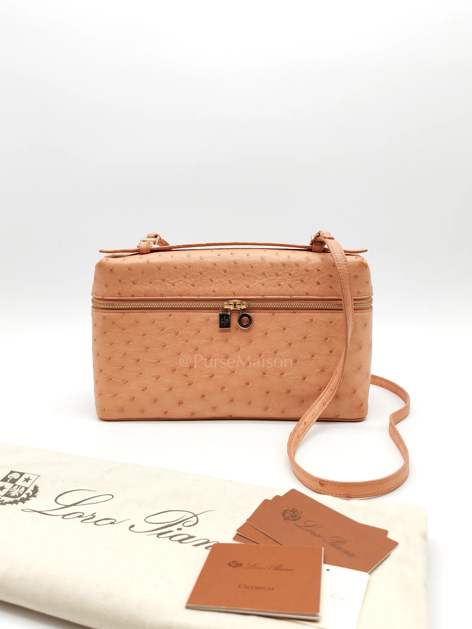 Loro Piana Extra Pocket L27 Pouch in Coral Pink Ostrich Leather & Gold Hardware - Image 34