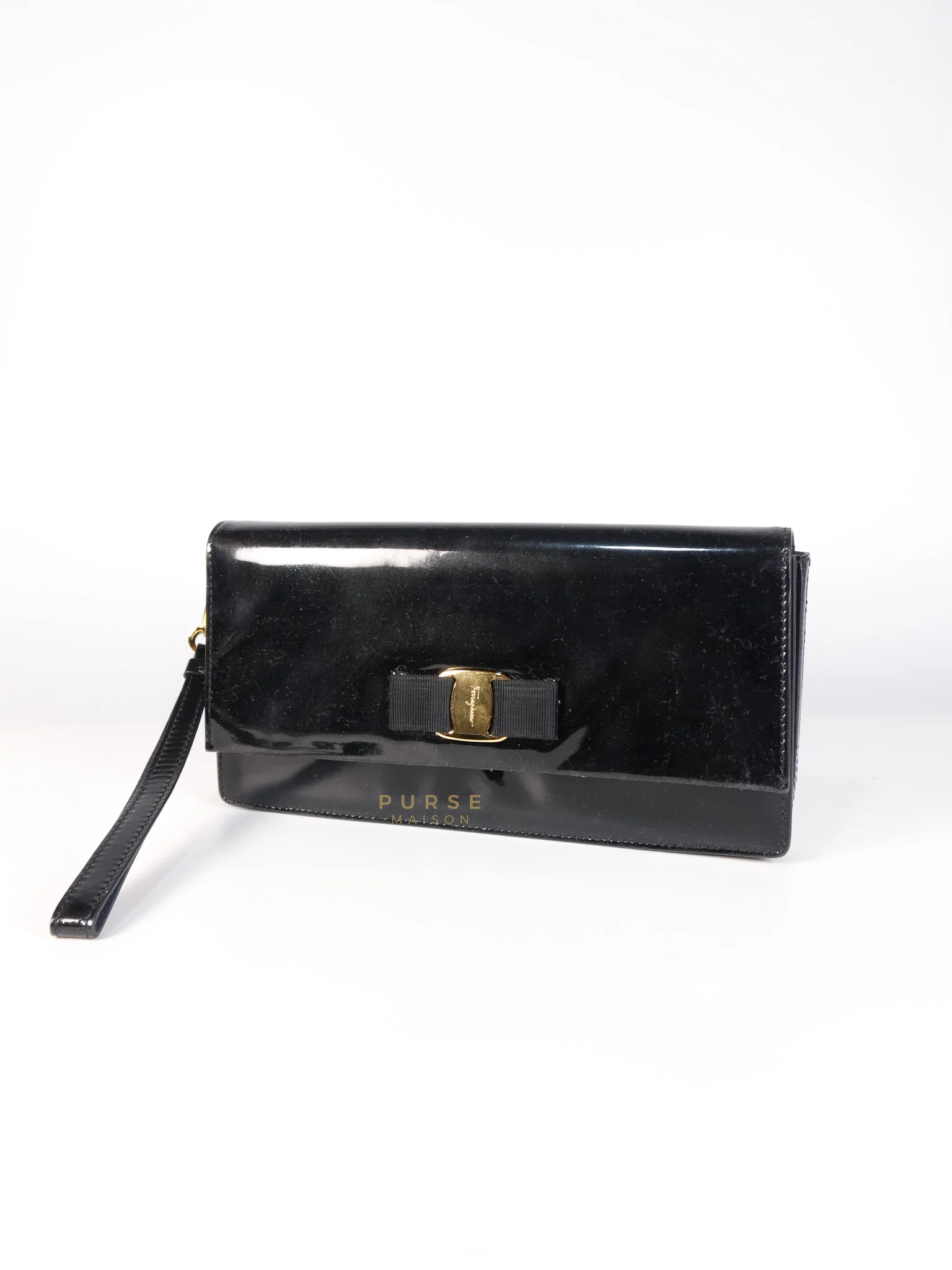 Salvatore Ferragamo Miss Vara Bow Wristlet Clutch in Plum Patent Leather - Image 3