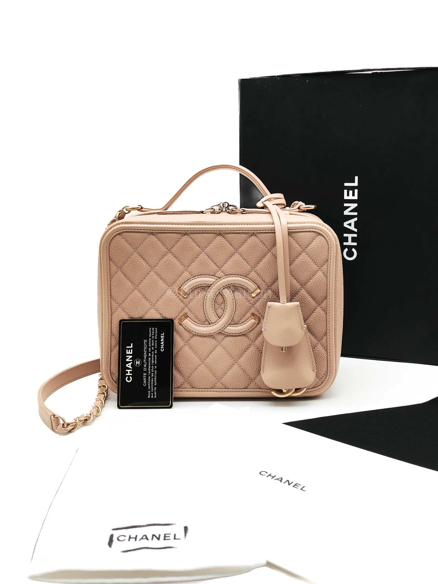 Chanel Filigree Vanity Case Large Beige Caviar Leather in Aged Gold Hardware (Series 24) - Image 35