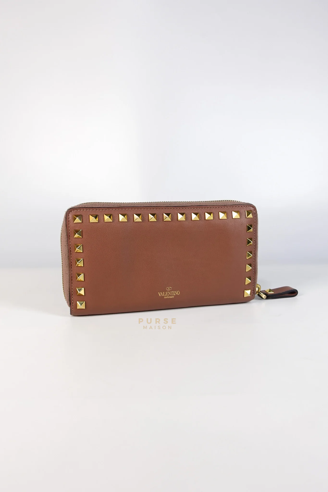 Valentino Rockstud Zip Around Long Wallet in Brown Calfskin Leather - Image 3