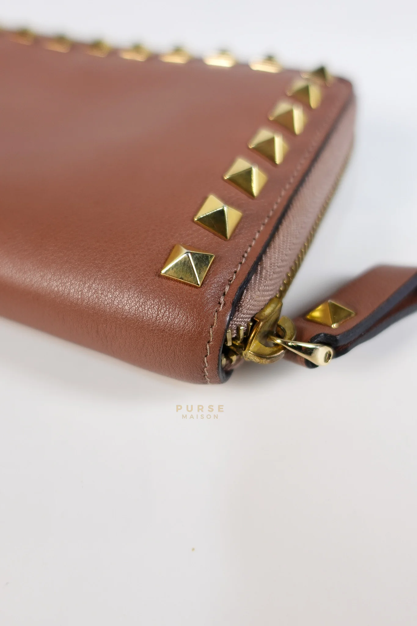 Valentino Rockstud Zip Around Long Wallet in Brown Calfskin Leather - Image 9