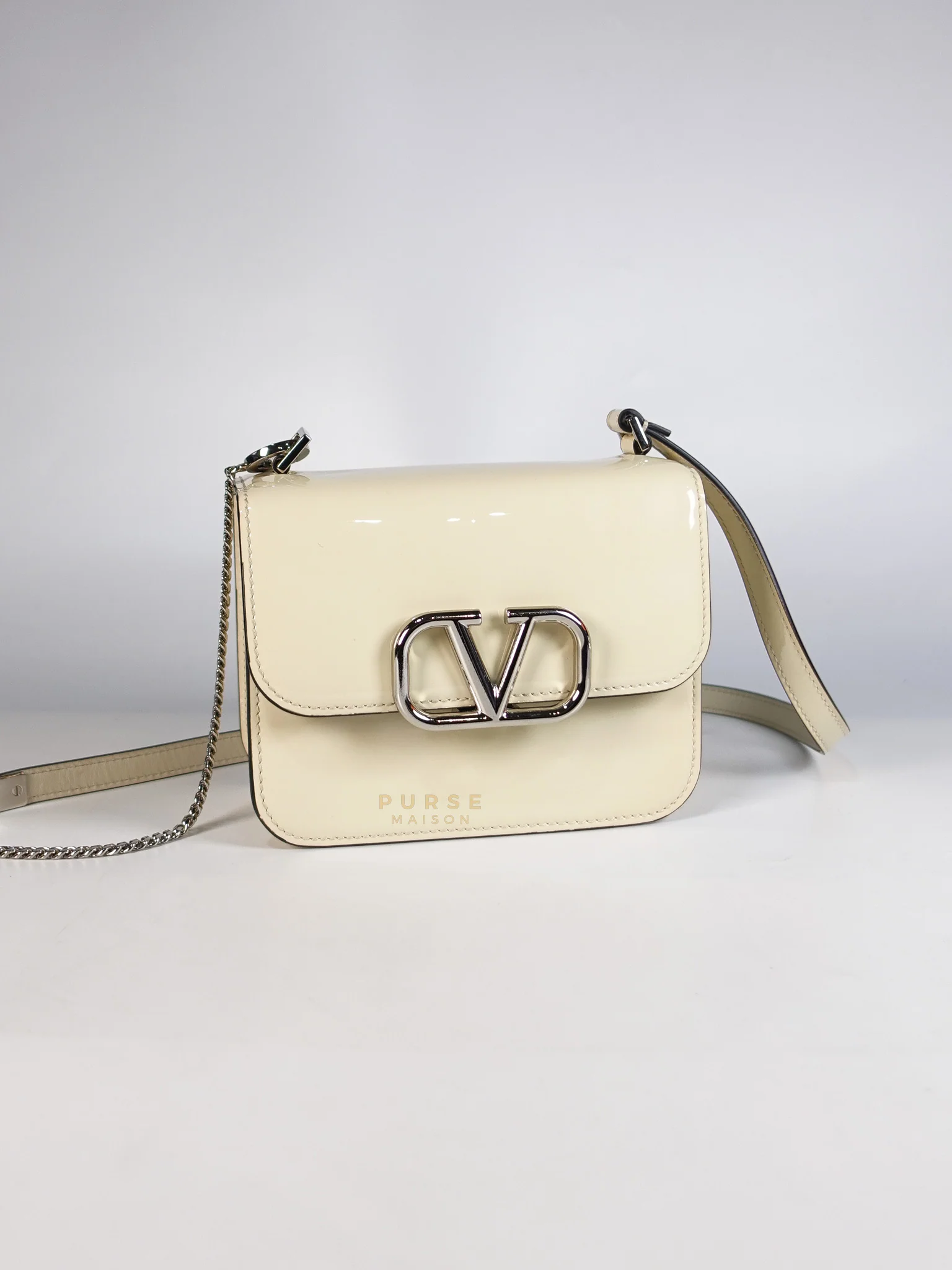 Valentino Garavani V-Logo& Almond Beige Patent Small Crossbody Bag - Image 2
