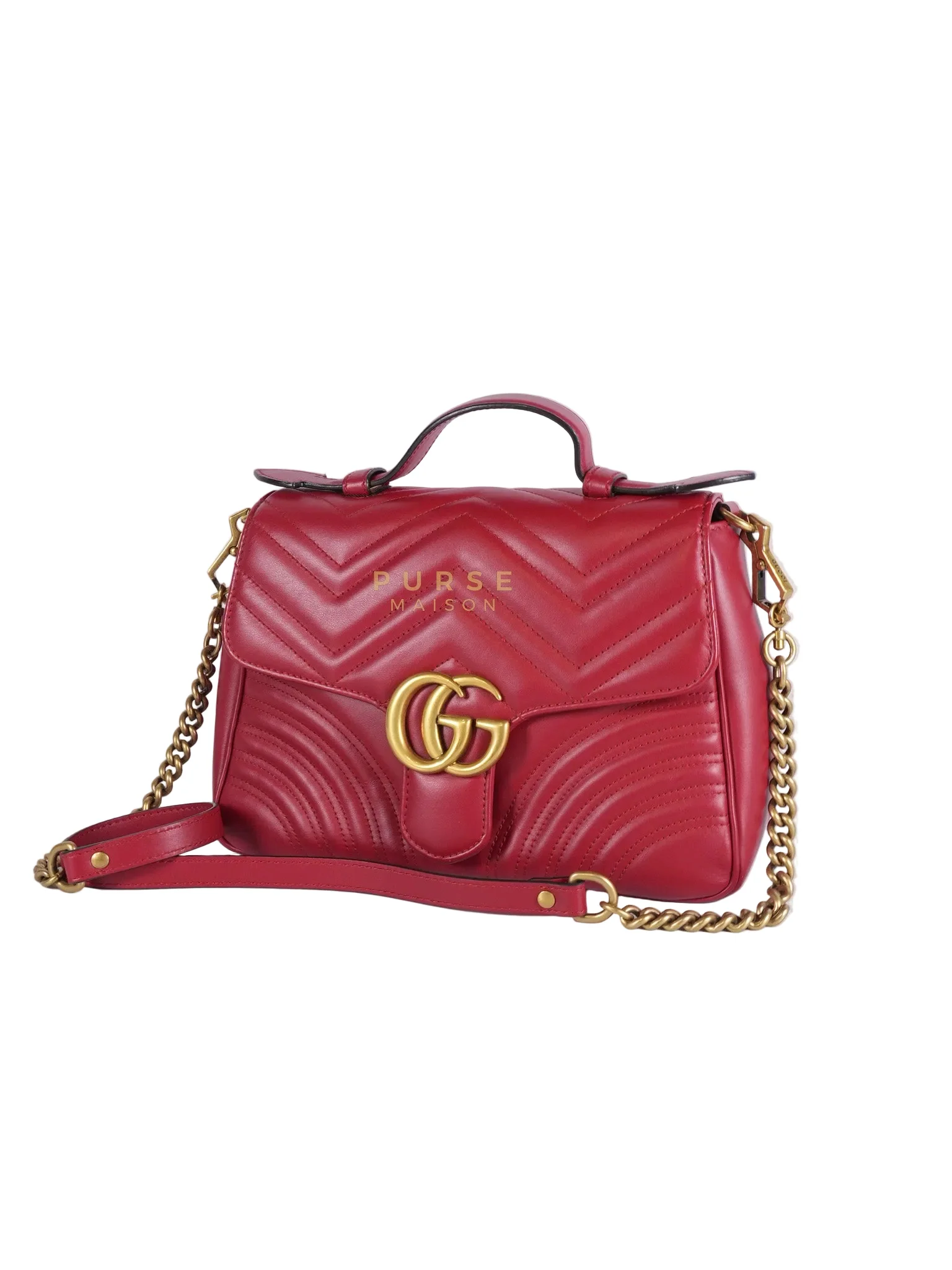 Gucci GG Marmont Top Handle Shoulder Bag in Hibiscus Red Calfskin Matelasse Leather & Gold Hardware - Image 3