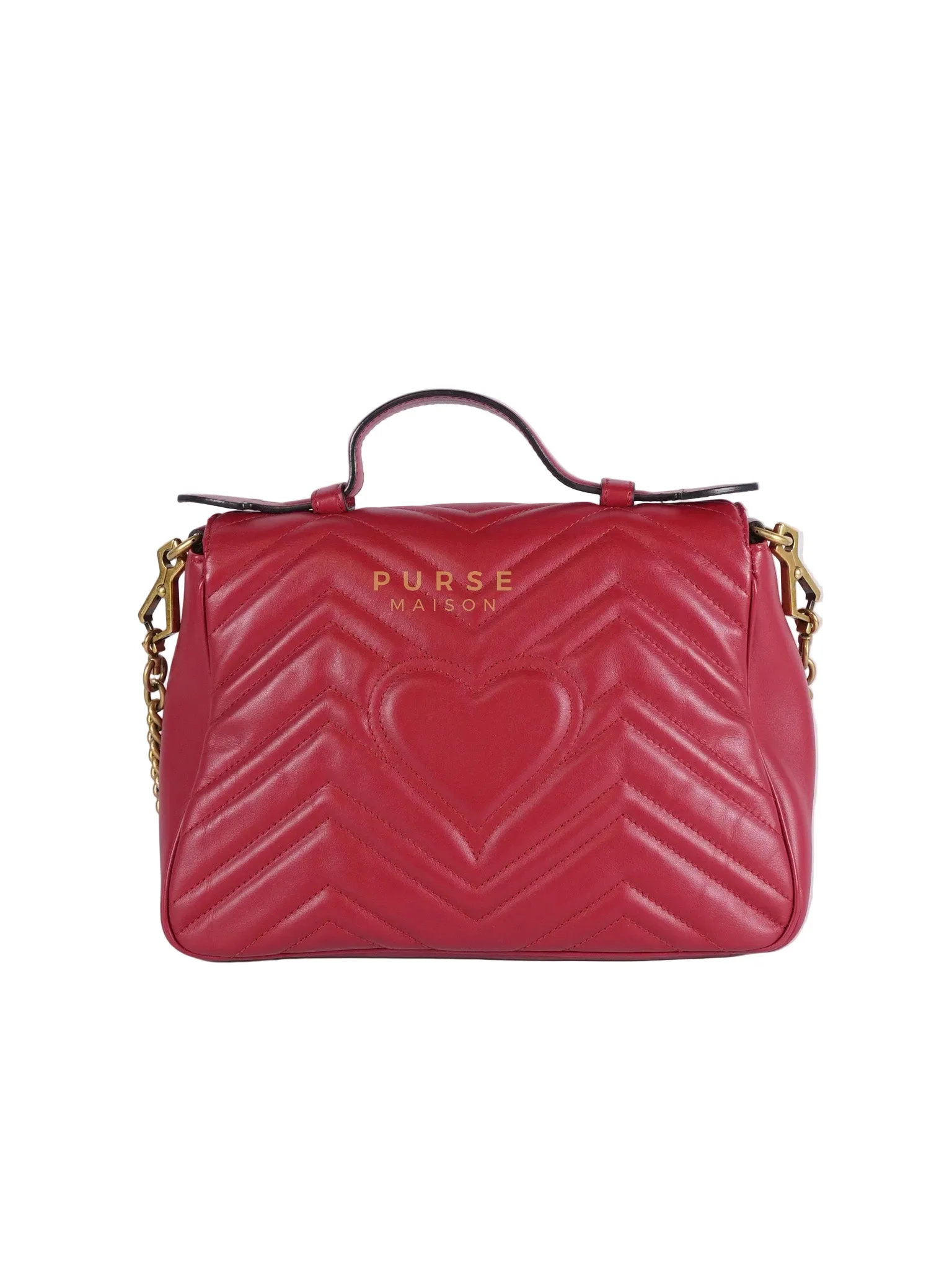Gucci GG Marmont Top Handle Shoulder Bag in Hibiscus Red Calfskin Matelasse Leather & Gold Hardware - Image 4