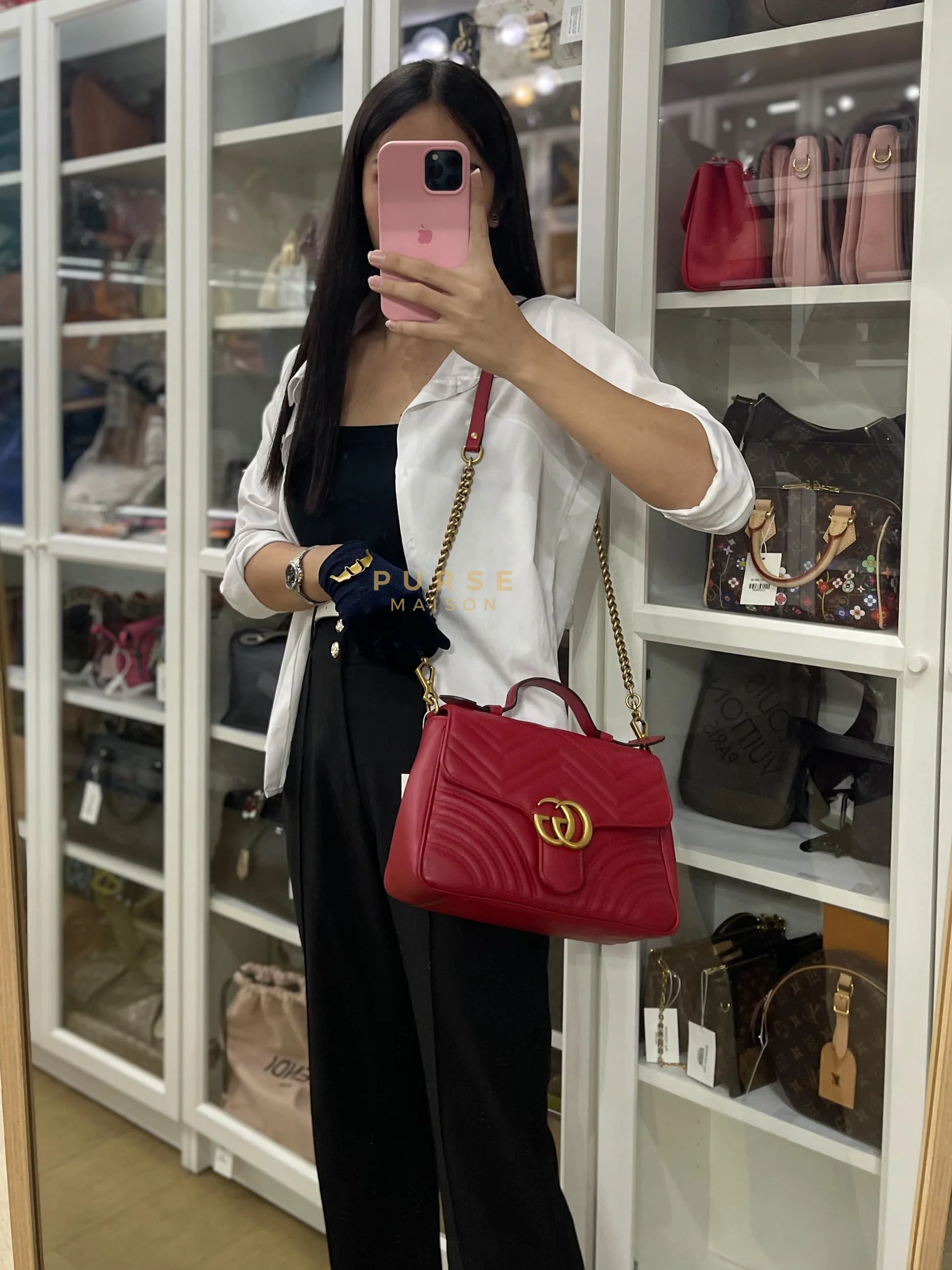 Gucci GG Marmont Top Handle Shoulder Bag in Hibiscus Red Calfskin Matelasse Leather & Gold Hardware - Image 44