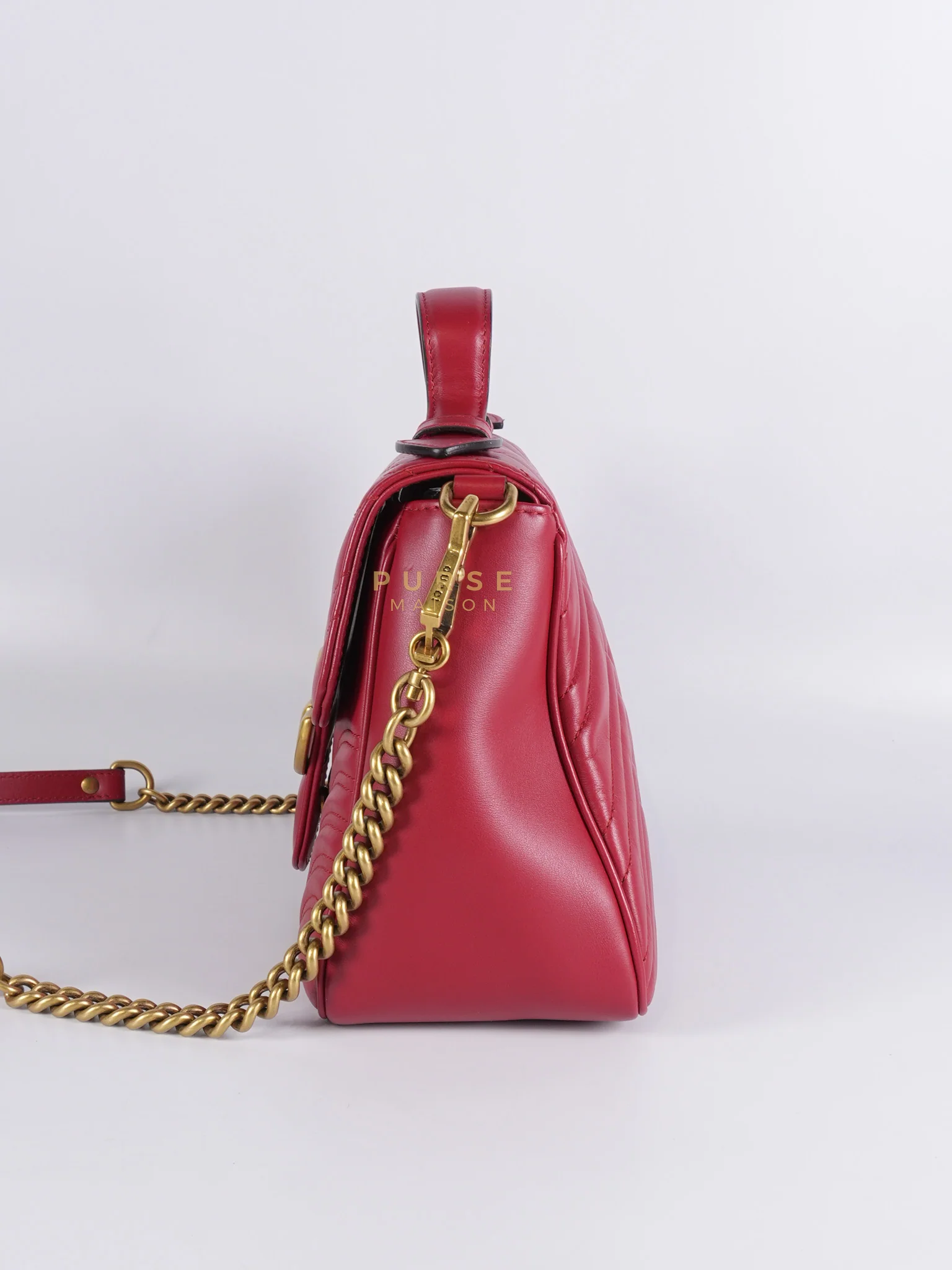 Gucci GG Marmont Top Handle Shoulder Bag in Hibiscus Red Calfskin Matelasse Leather & Gold Hardware - Image 5