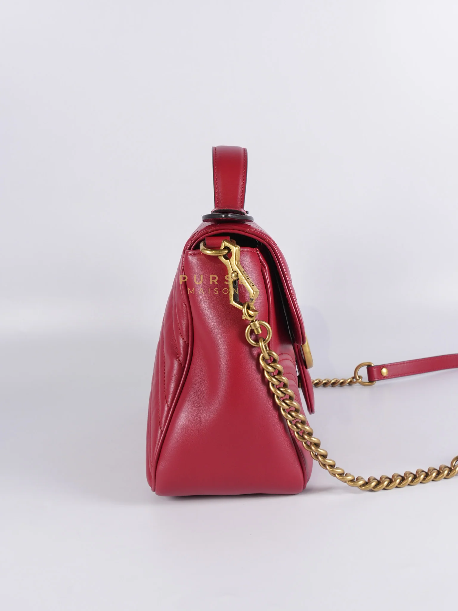 Gucci GG Marmont Top Handle Shoulder Bag in Hibiscus Red Calfskin Matelasse Leather & Gold Hardware - Image 6