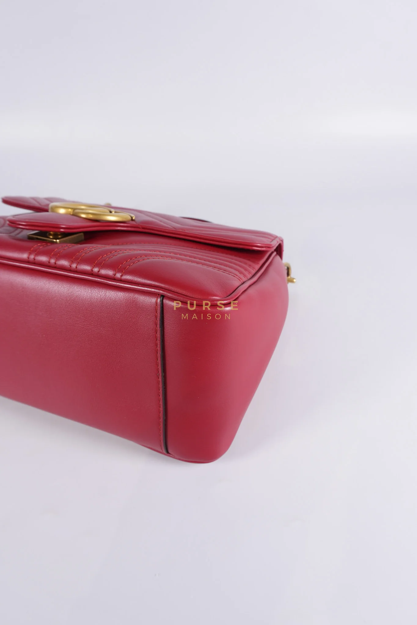 Gucci GG Marmont Top Handle Shoulder Bag in Hibiscus Red Calfskin Matelasse Leather & Gold Hardware - Image 8