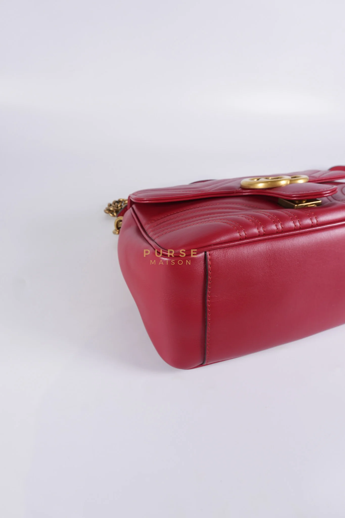 Gucci GG Marmont Top Handle Shoulder Bag in Hibiscus Red Calfskin Matelasse Leather & Gold Hardware - Image 9