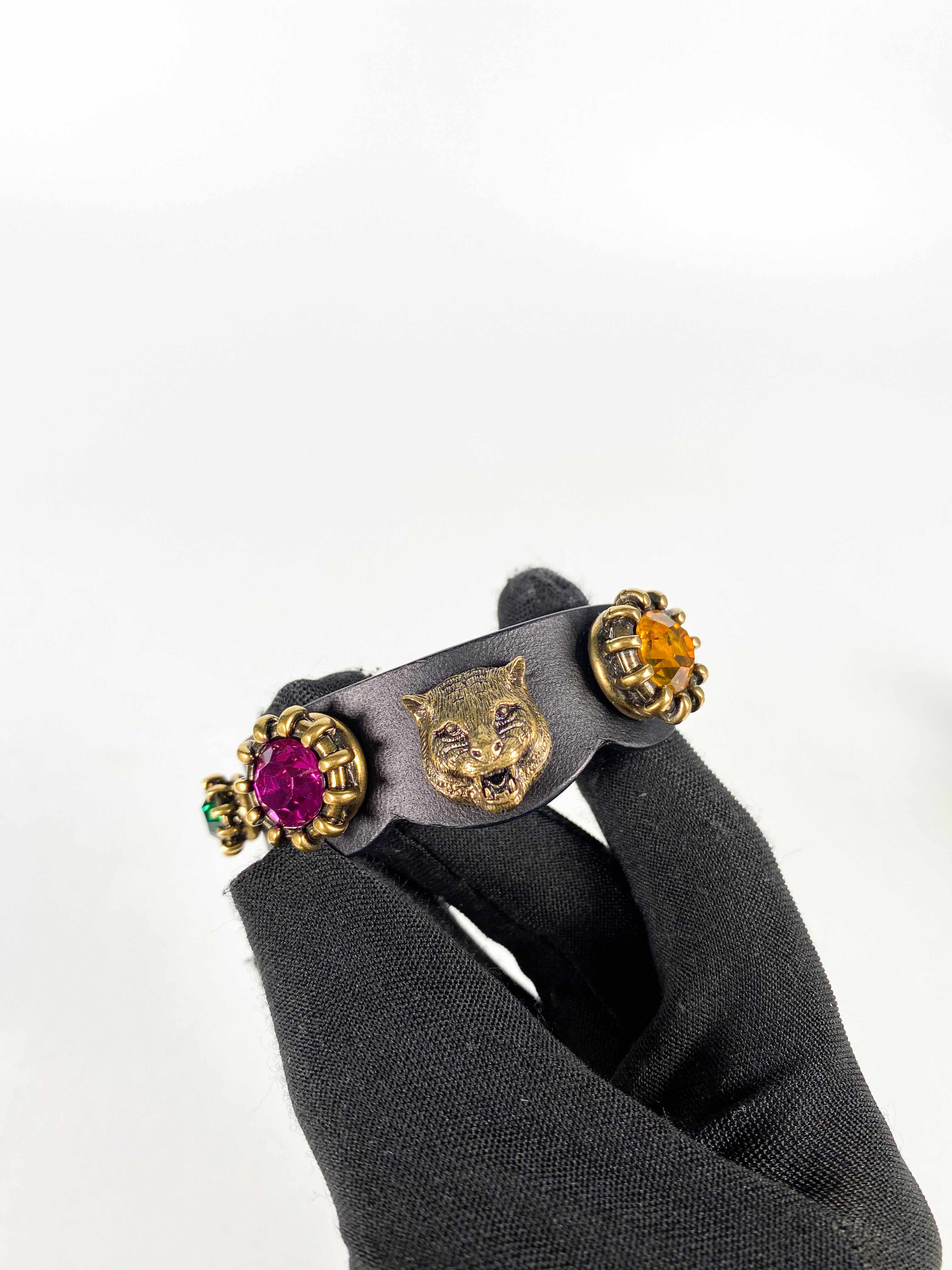 Gucci Gucci Feline Head and Crystal Black Leather Bracelet - Image 16