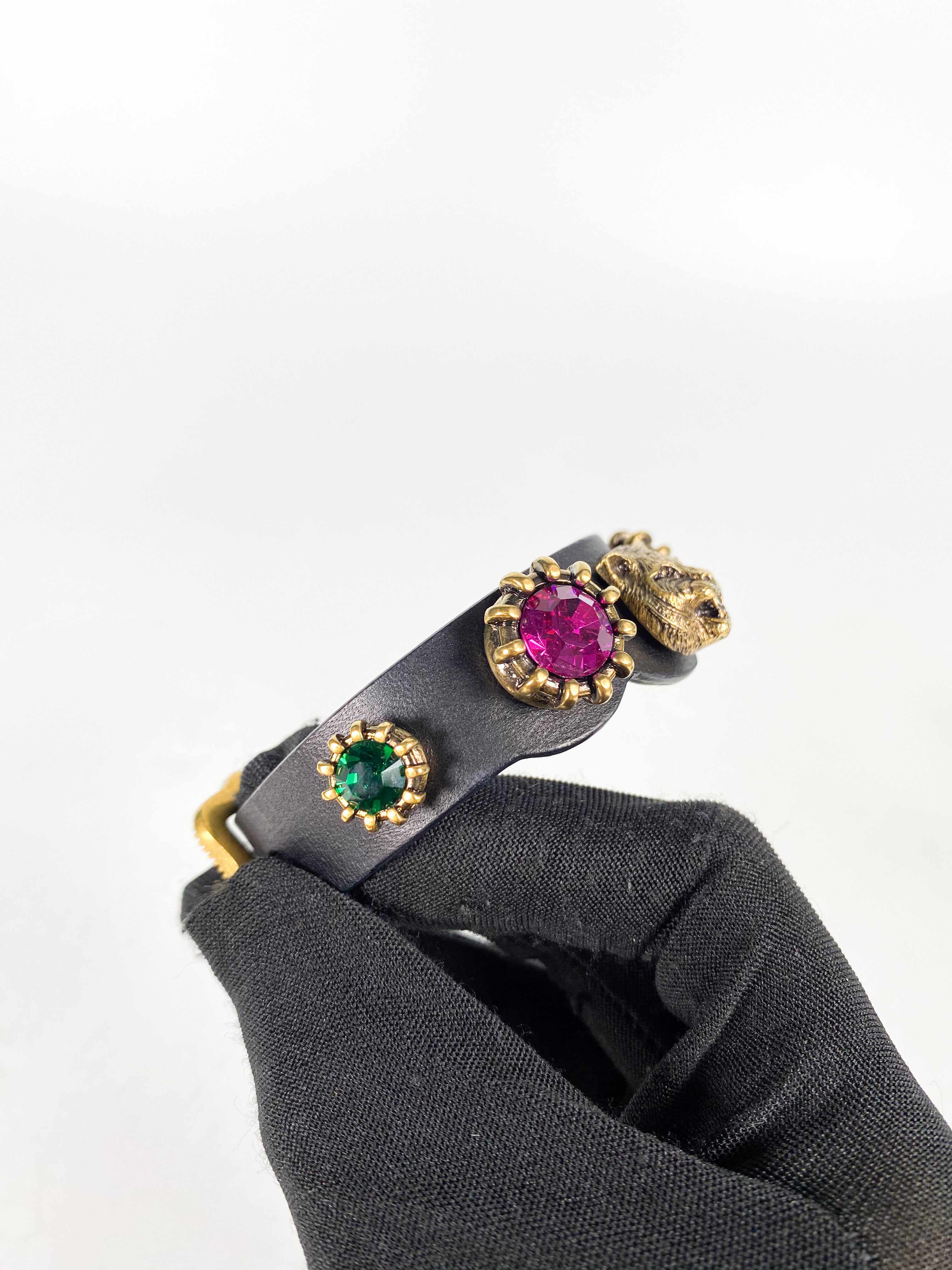 Gucci Gucci Feline Head and Crystal Black Leather Bracelet - Image 3