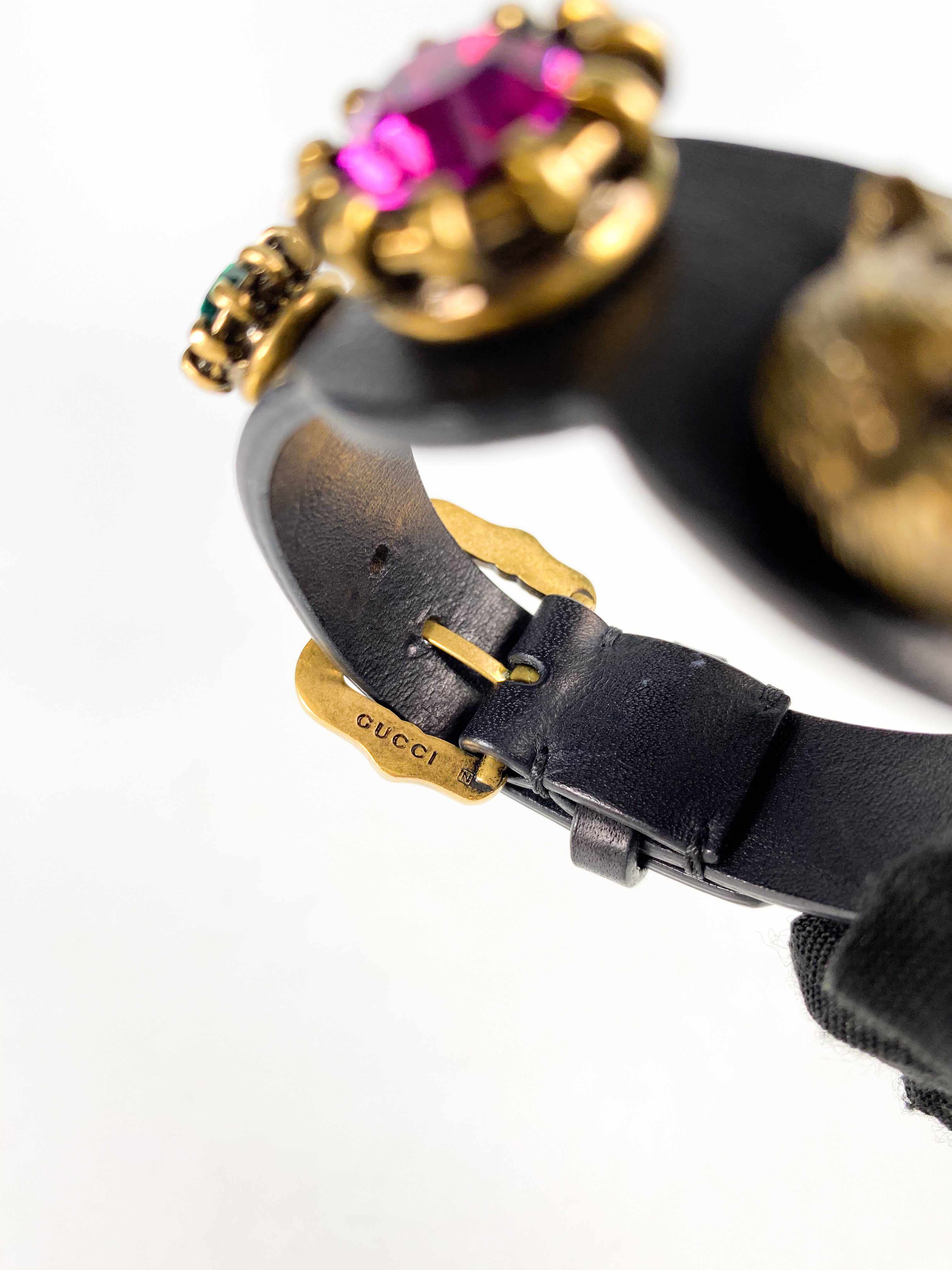 Gucci Gucci Feline Head and Crystal Black Leather Bracelet - Image 8