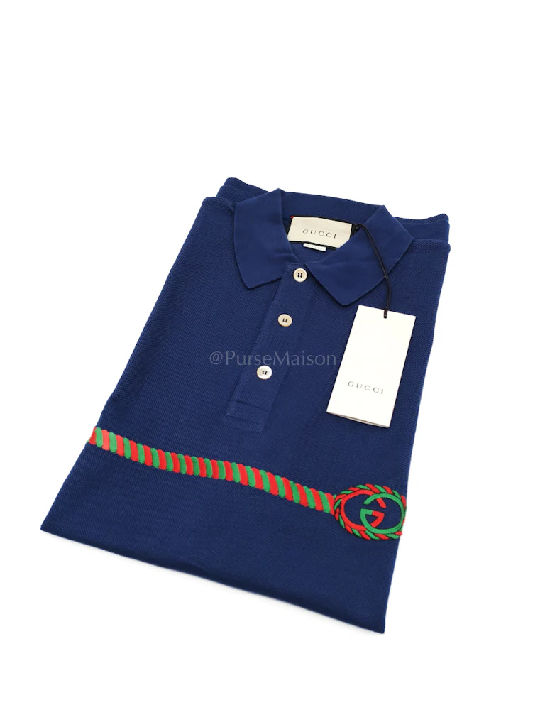 Gucci Embroidered Logo in Blue Pique Woven Polo Shirts Size Large