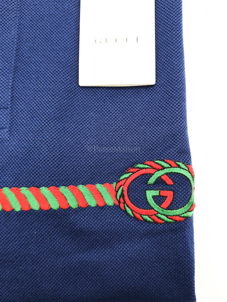 Gucci Embroidered Logo in Blue Pique Woven Polo Shirts Size Large - Image 5