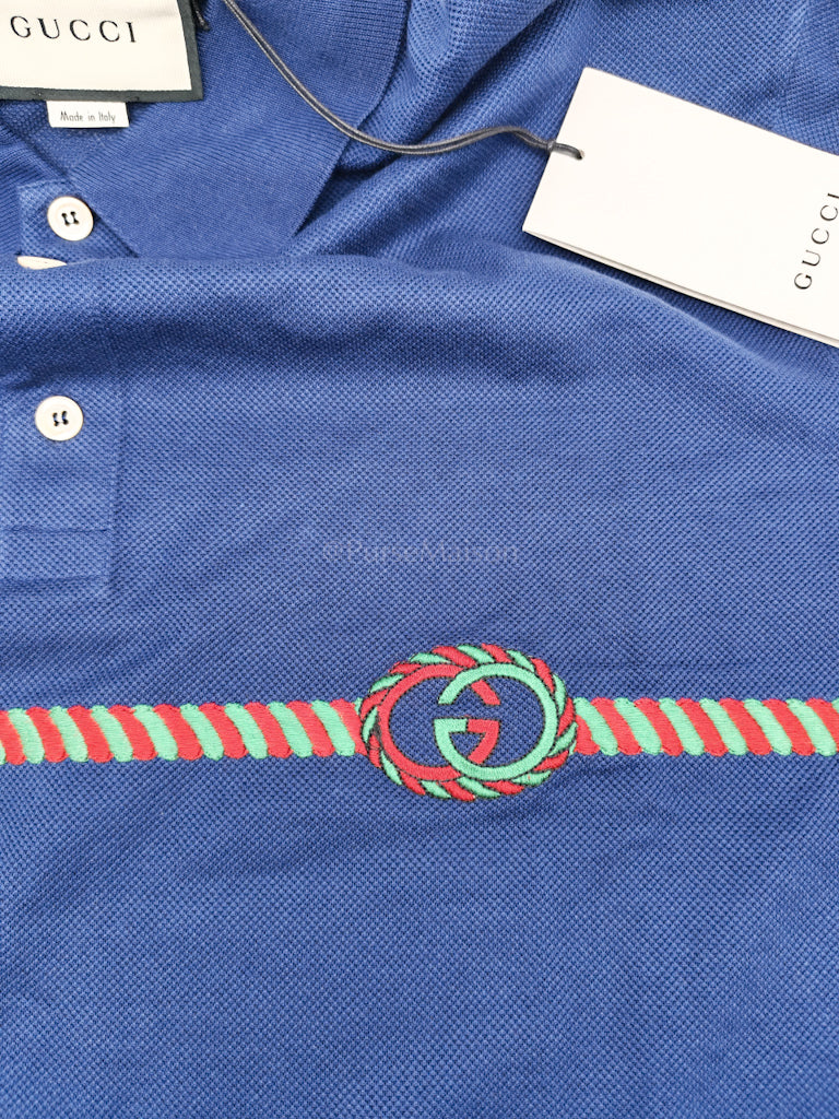 Gucci Embroidered Logo in Blue Pique Woven Polo Shirts Size Large - Image 6