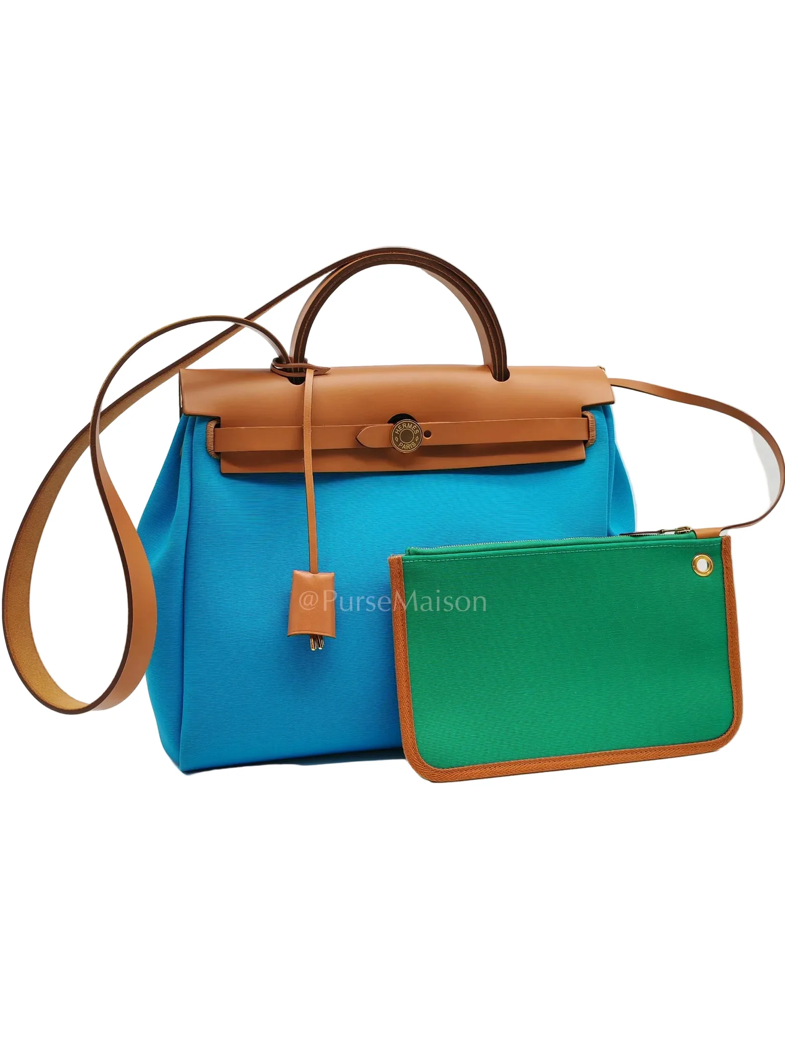 Hermes Herbag Zip 31 Bleu Azteque Menthe Tan Vache Hunter Toile Leather and Gold Hardware Stamp U (2022) - Image 3