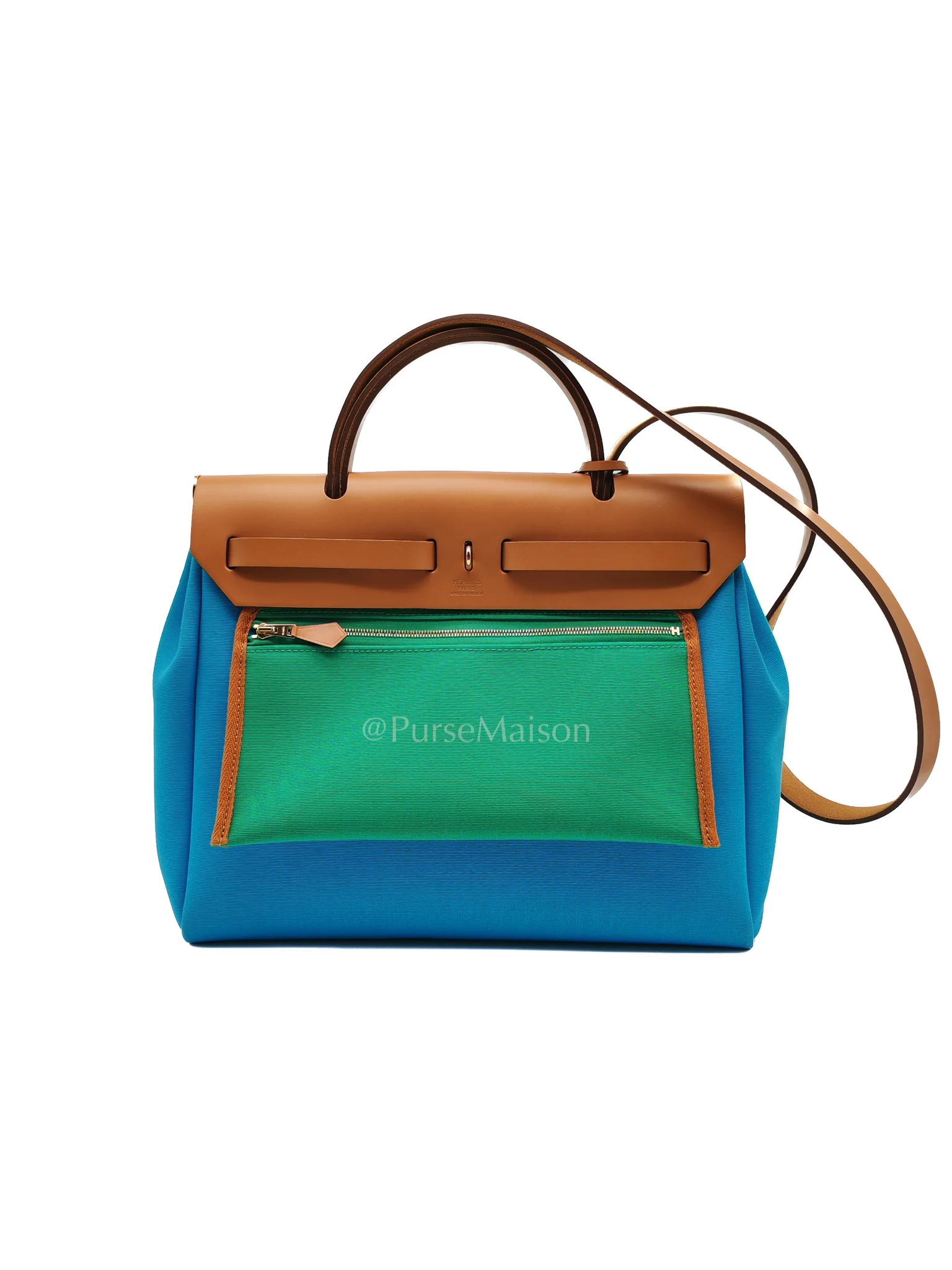Hermes Herbag Zip 31 Bleu Azteque Menthe Tan Vache Hunter Toile Leather and Gold Hardware Stamp U (2022) - Image 4