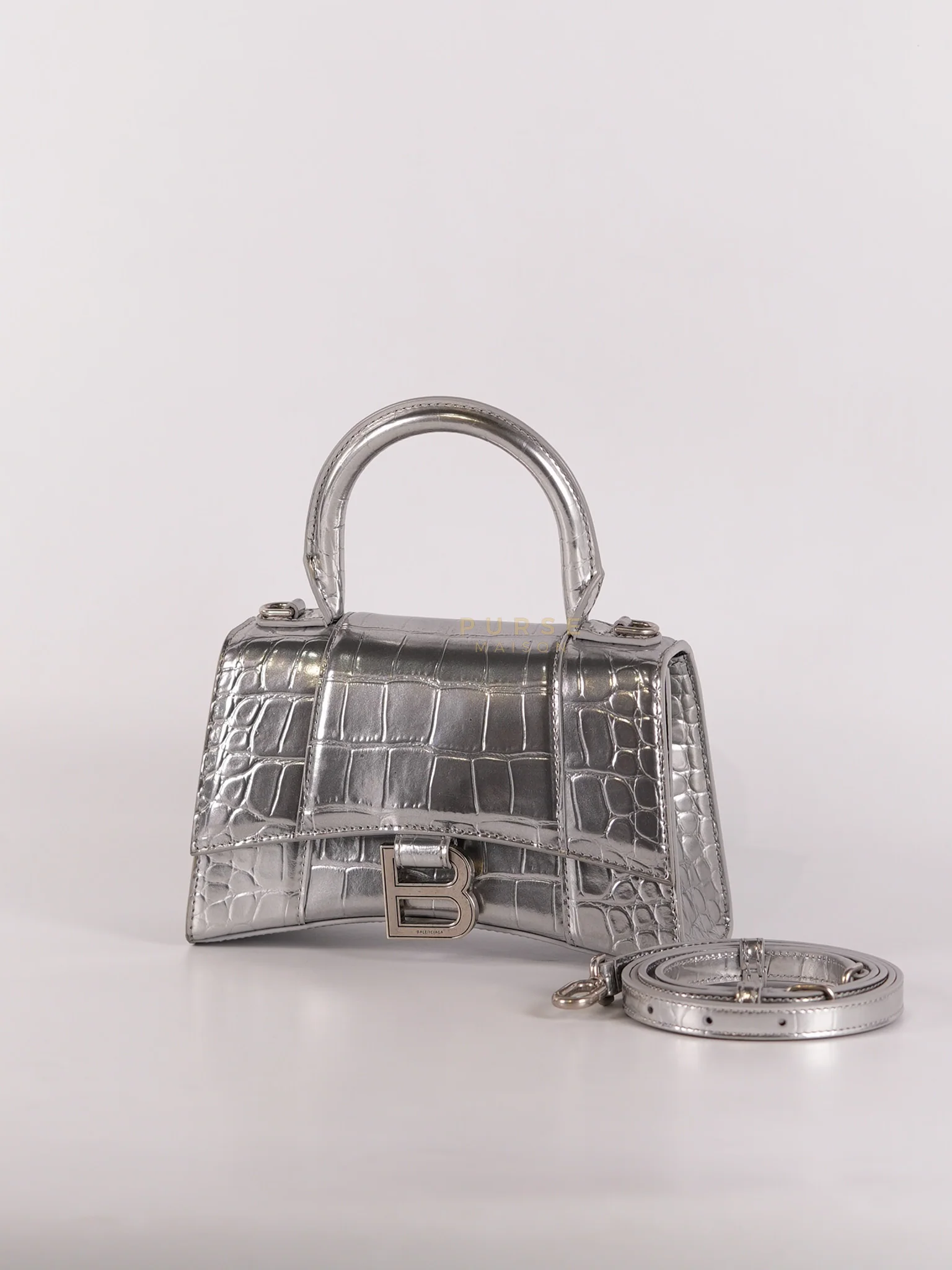 Balenciaga Hourglass Mini in Metallic Silver Crocodile Embossed Leather - Image 3
