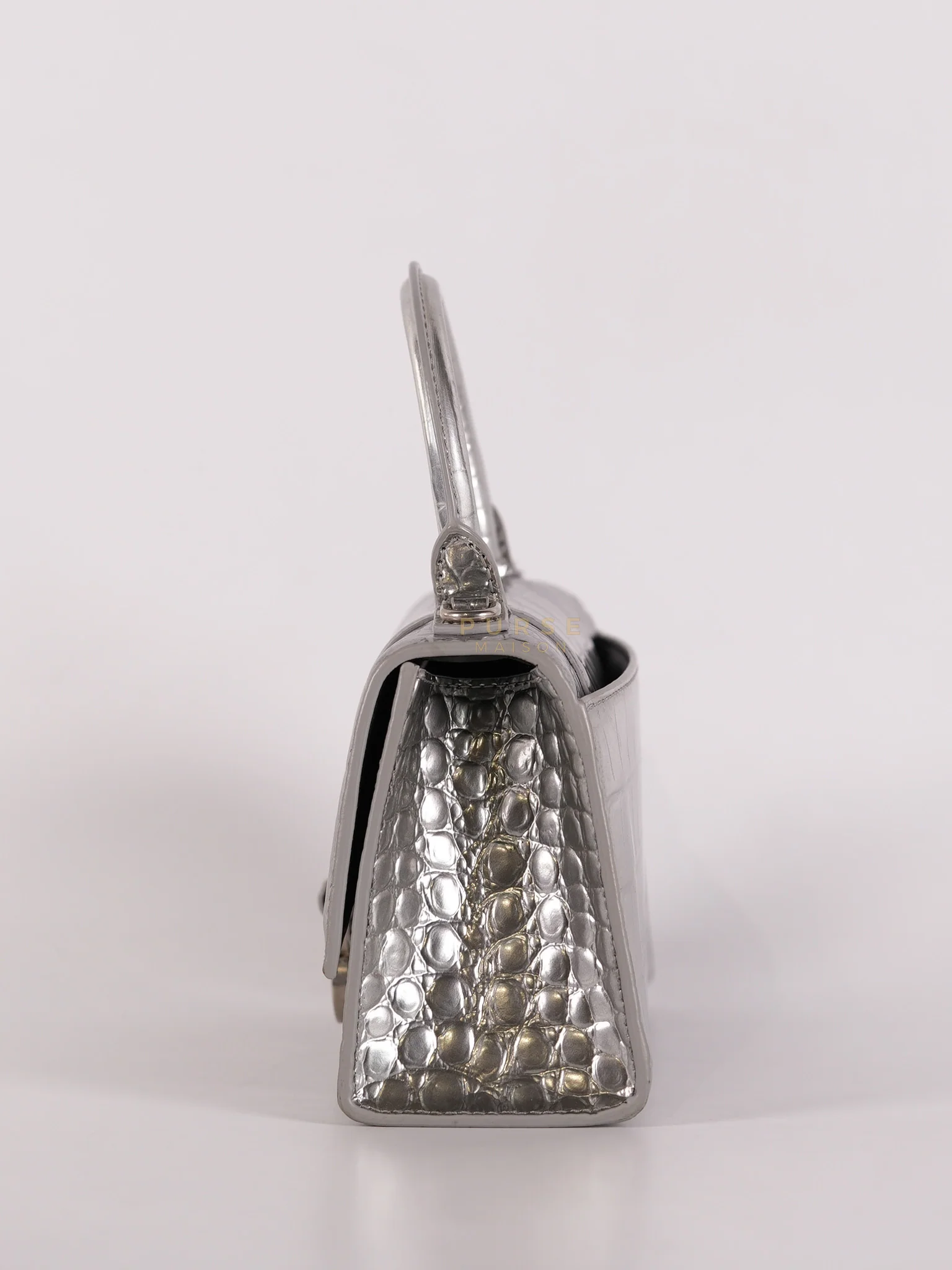 Balenciaga Hourglass Mini in Metallic Silver Crocodile Embossed Leather - Image 5