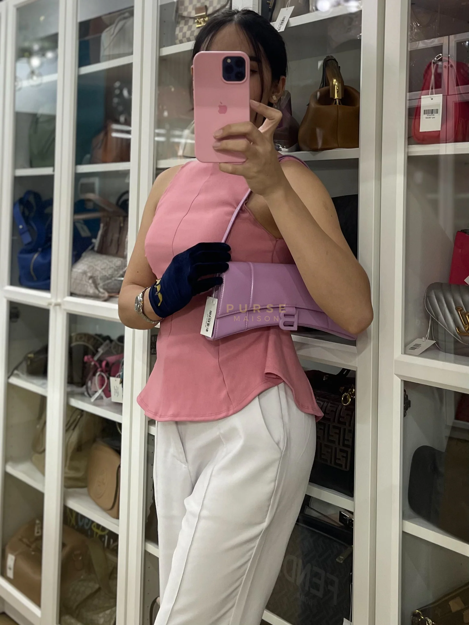 Balenciaga Hourglass Stretch in Light Purplish Pink in Smooth Calfskin Leather Shoulder Bag - Image 51