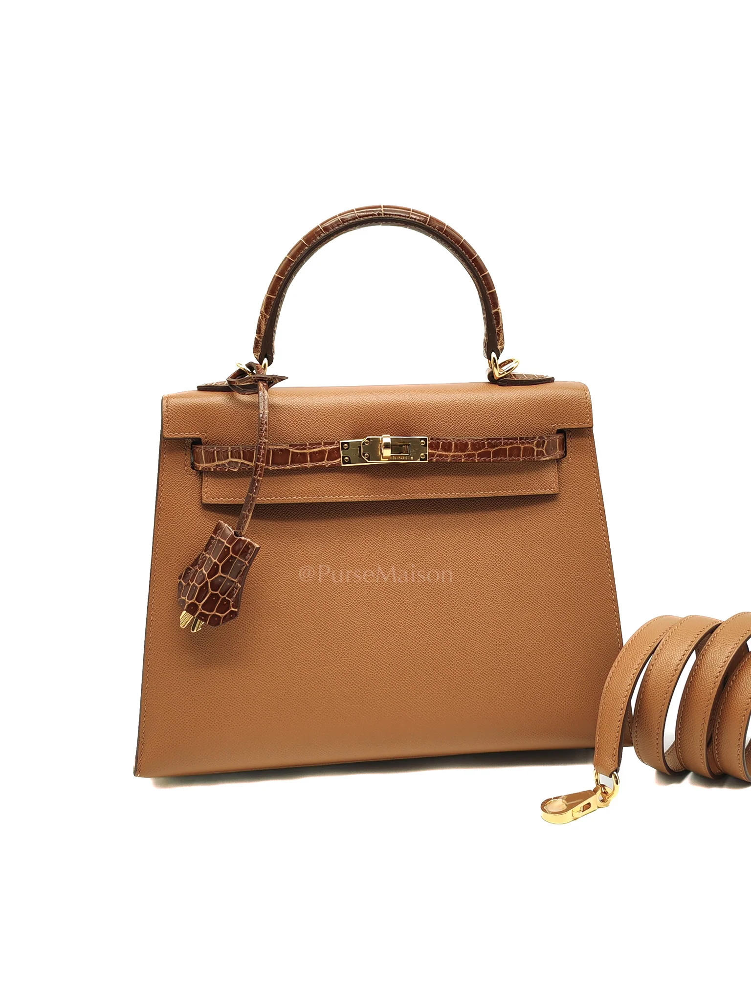 Hermes Kelly 25 Sellier in Gold Madame Leather and Shiny Croc Touch and Gold Hardware Stamp U (2022) - Image 3