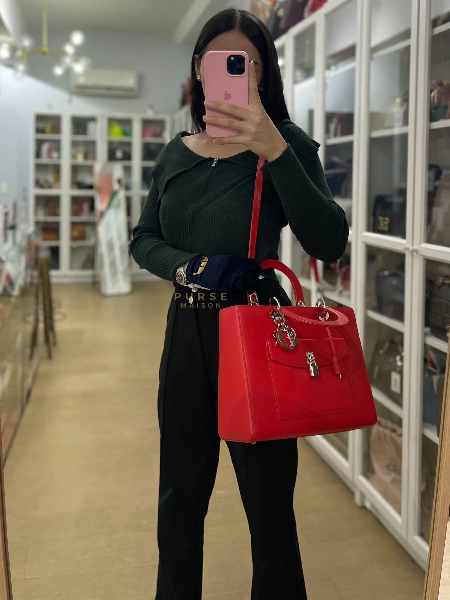 Christian Dior Lady Dior Front Pocket Large Tote Bag in Red Smooth Calfskin Leather & Silver Hardware - Image 50