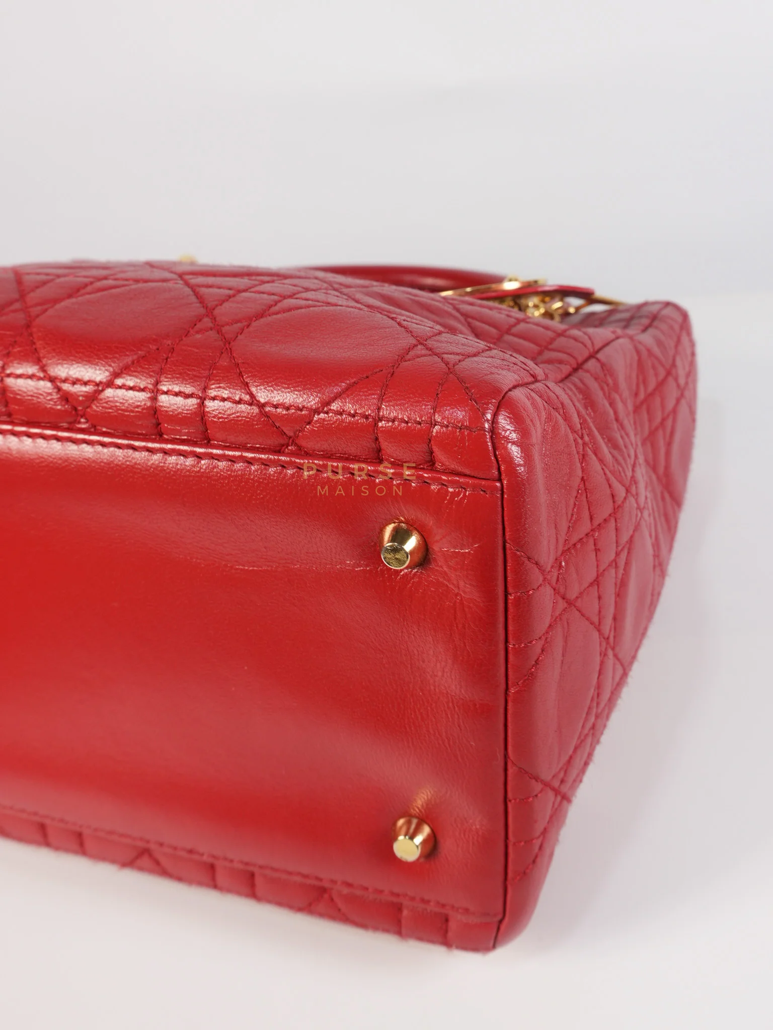 Christian Dior Lady Dior Medium In Red Quilted Lambskin Leather & Gold Hardware - Image 11